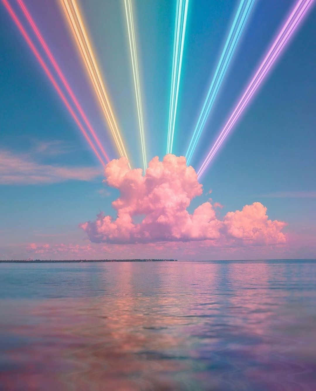 neon rainbow light, pink cloud, calm ocean waters, HD Phone Wallpaper