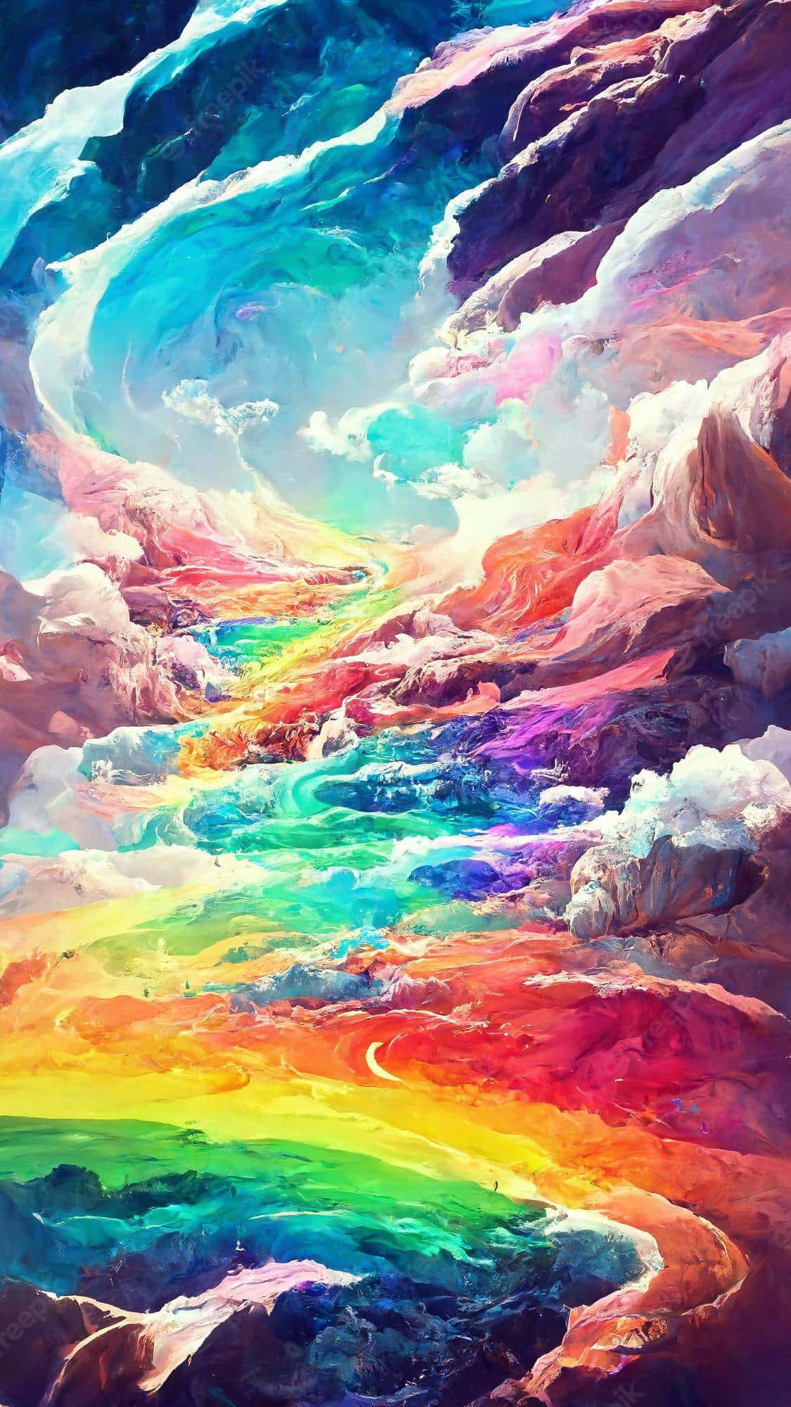 rainbow river, surreal colorful clouds, rocky terrain, Full HD Phone Wallpaper