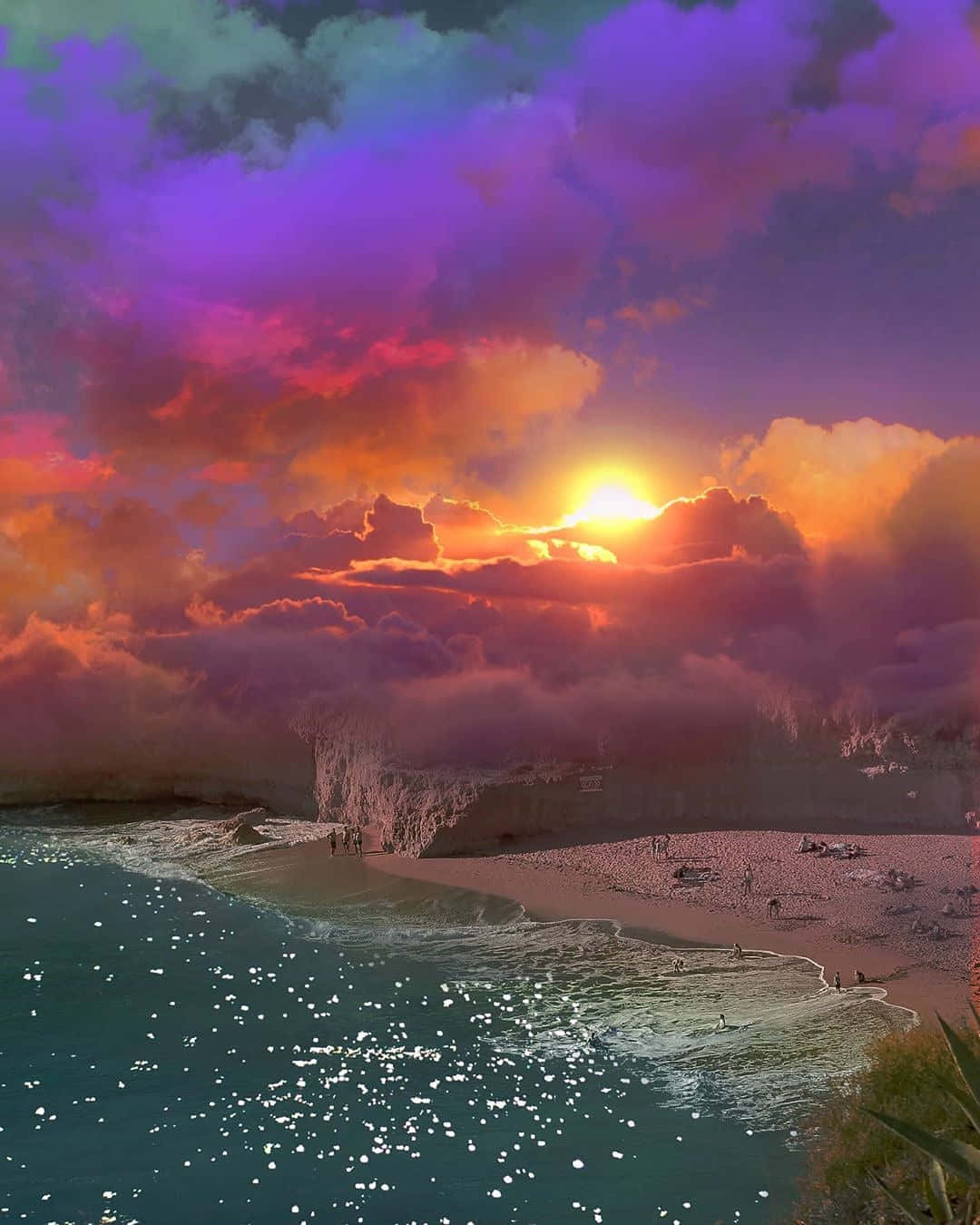 vibrant sunset, fiery oranges and purples, bustling beach, HD Phone Wallpaper