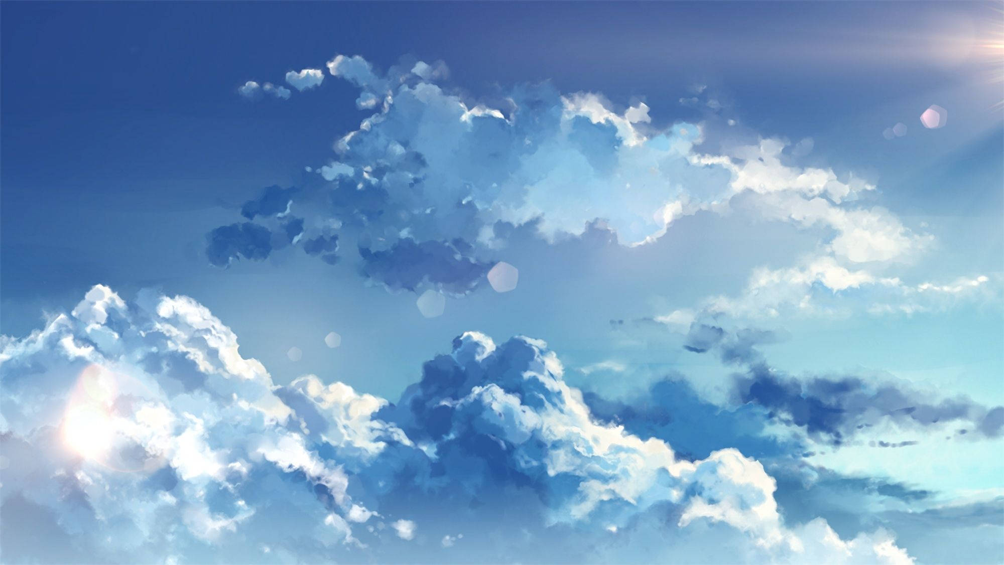 blue sky, fluffy white clouds, bright sun rays, Full HD Desktop Wallpaper