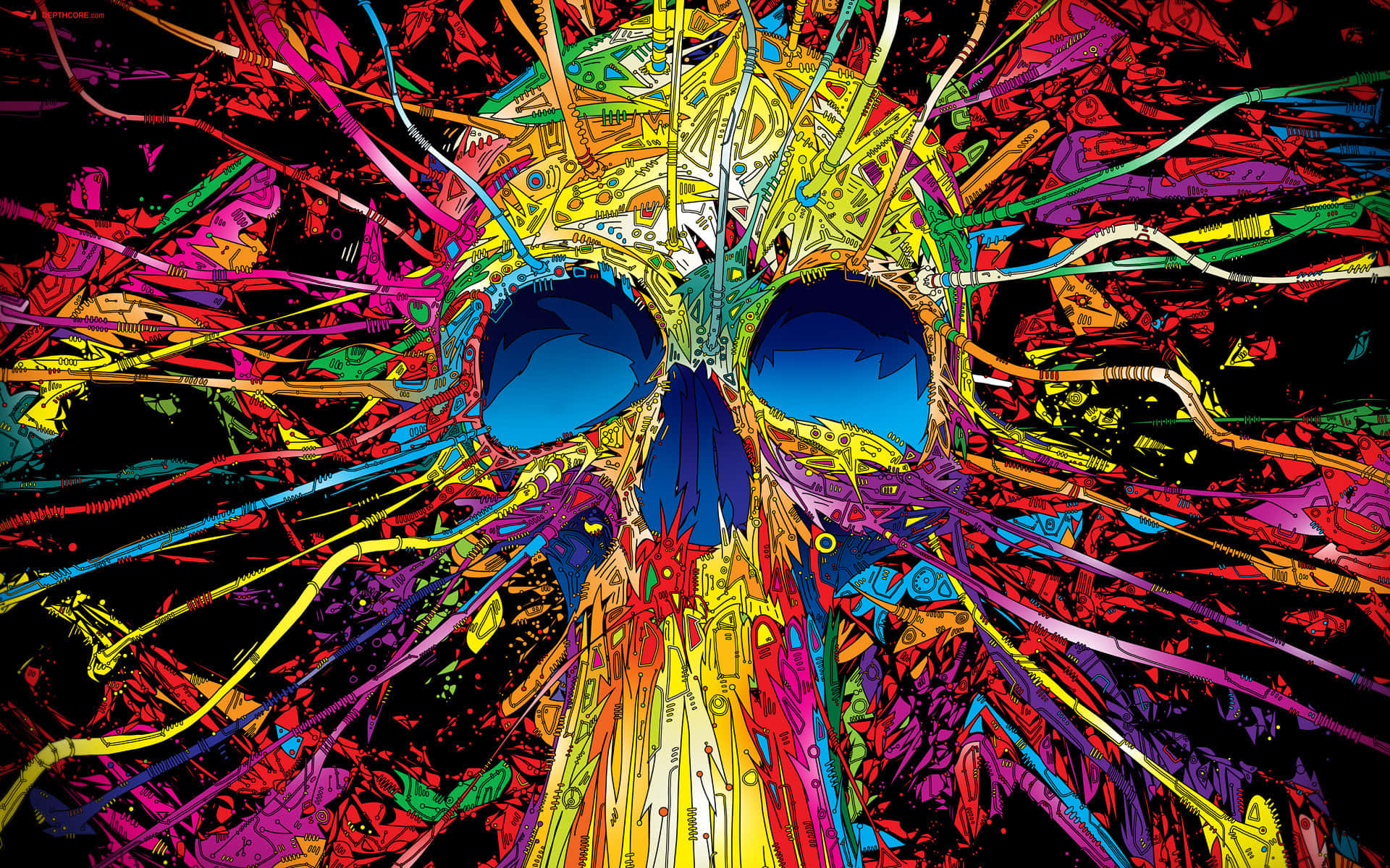 Trippy 3D Art, electric blue eye sockets, chaotic colorful lines, Full HD Desktop Wallpaper