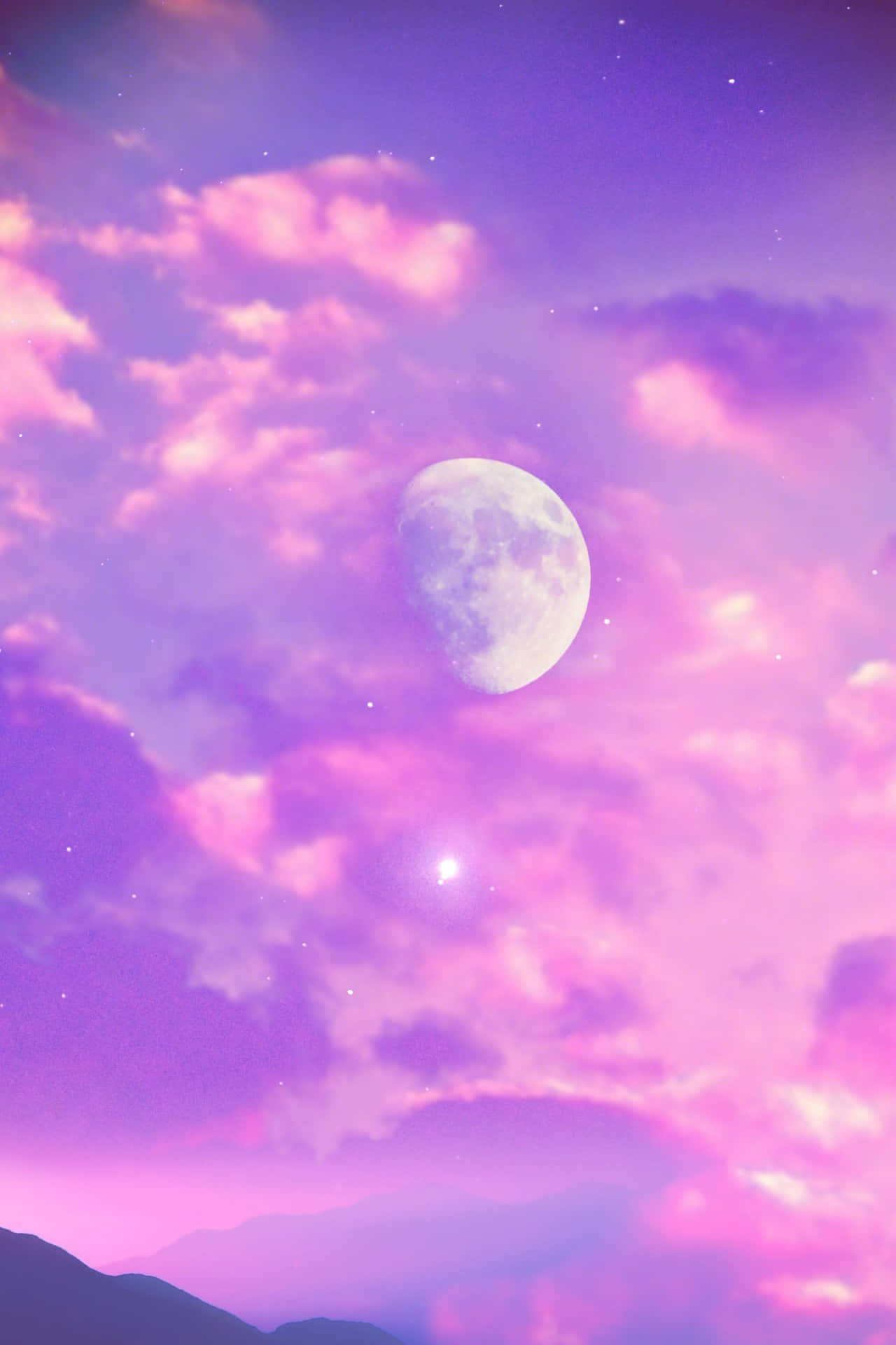 crescent moon, pastel purple, dreamy pink and purple clouds, Full HD Phone Wallpaper