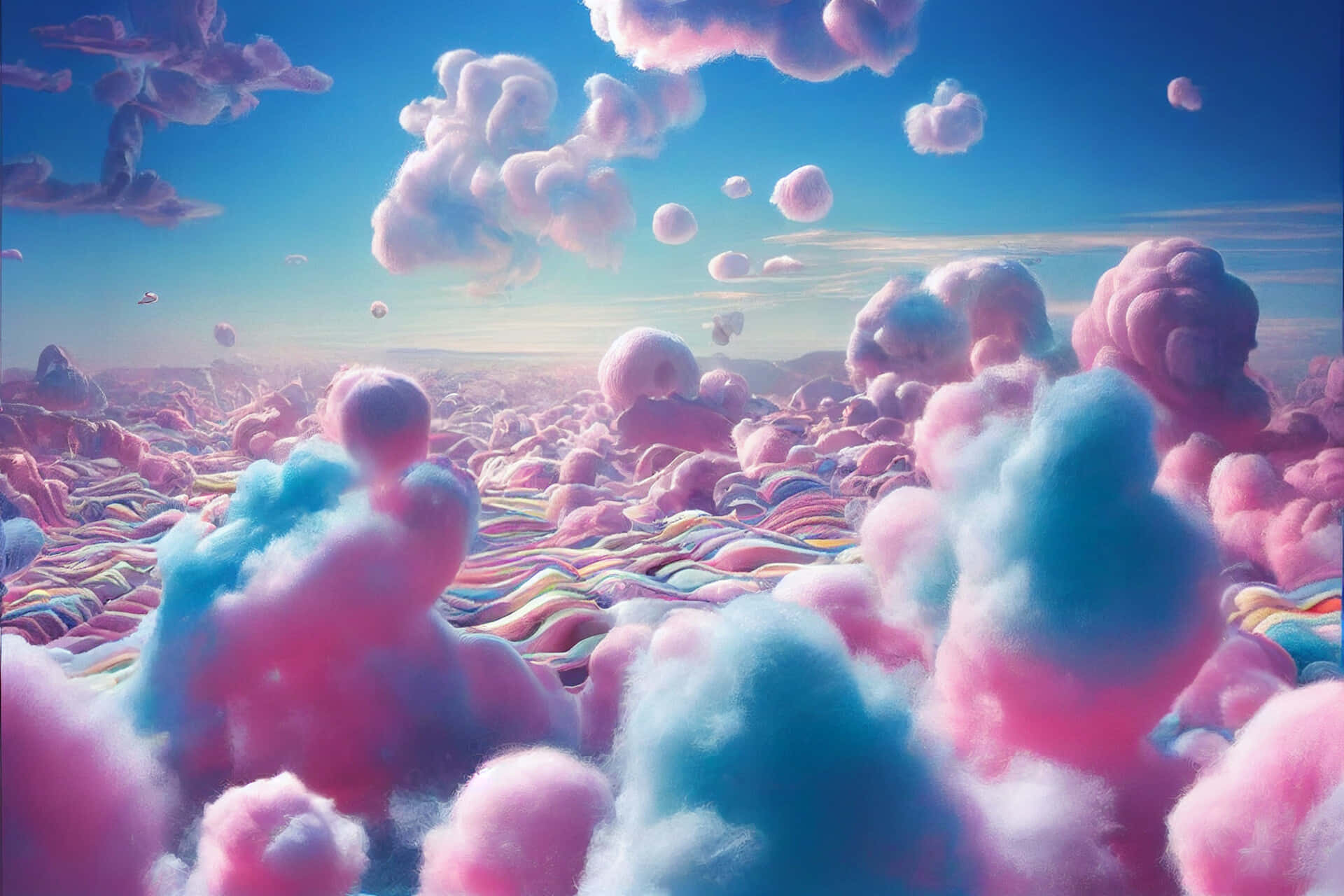 pink and blue cotton candy clouds, rainbow striped terrain, clear blue sky, Full HD Desktop Wallpaper