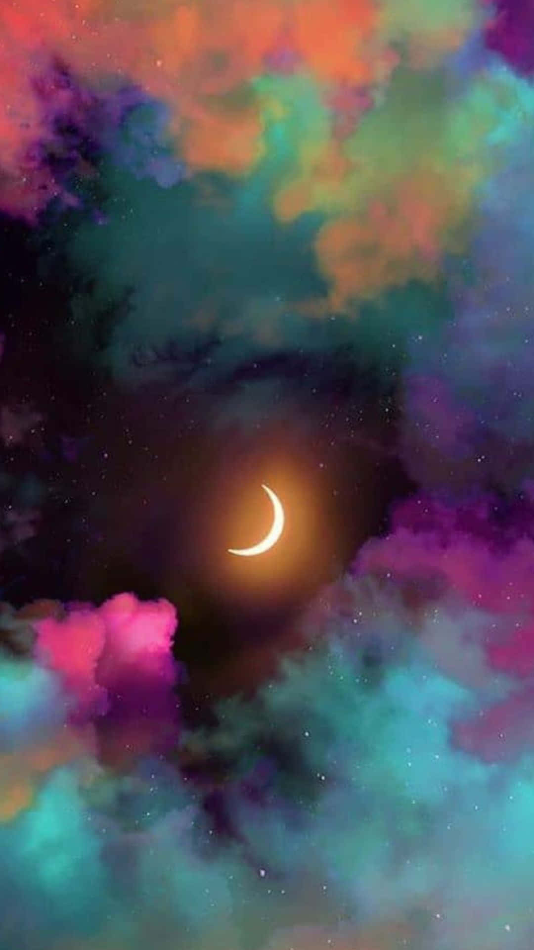 glowing crescent moon, vibrant cosmic clouds, dreamy multicolored night sky, Full HD Phone Wallpaper