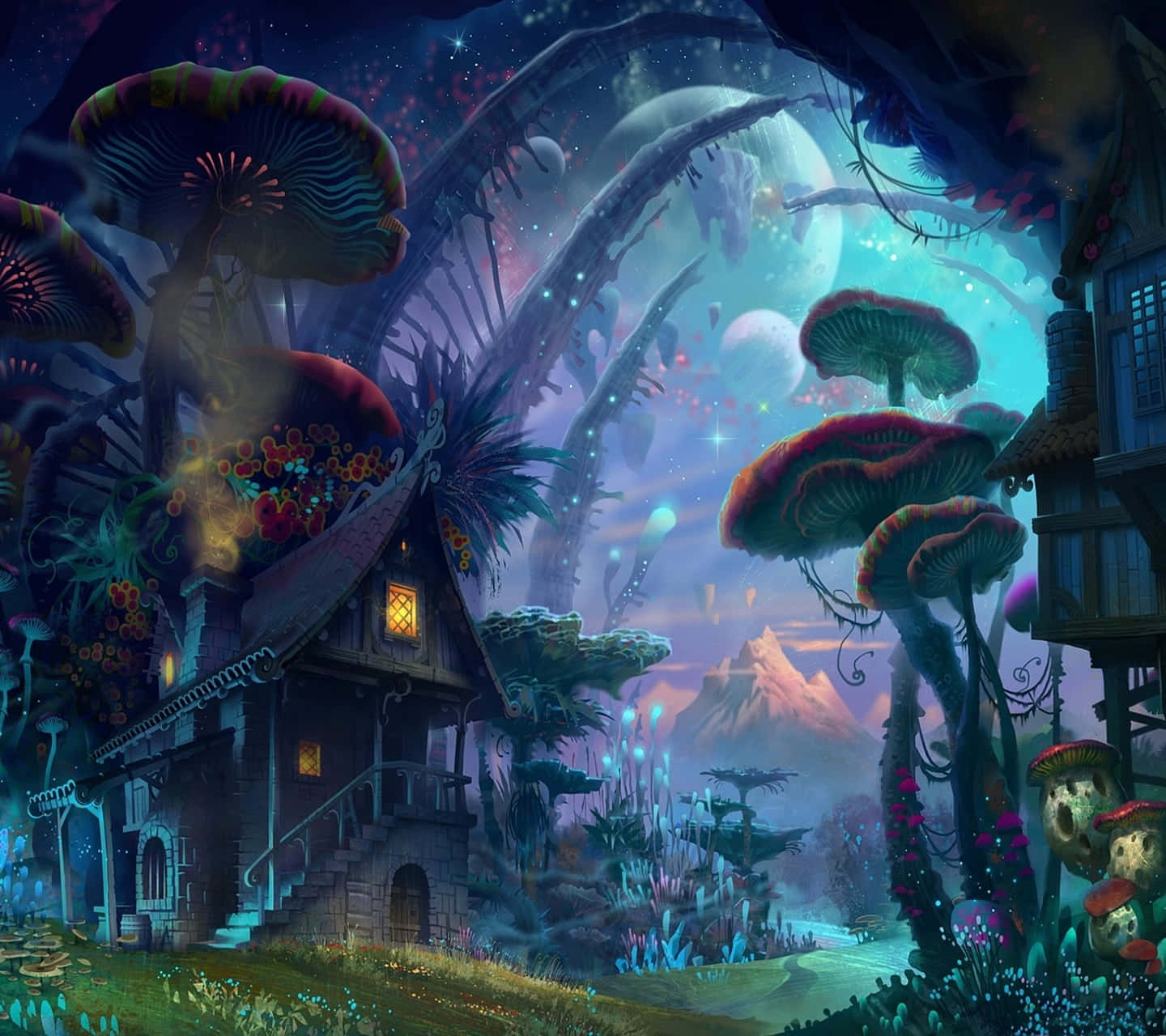 whimsical fantasy cottage, giant glowing mushrooms, starry twilight sky, HD Desktop Wallpaper