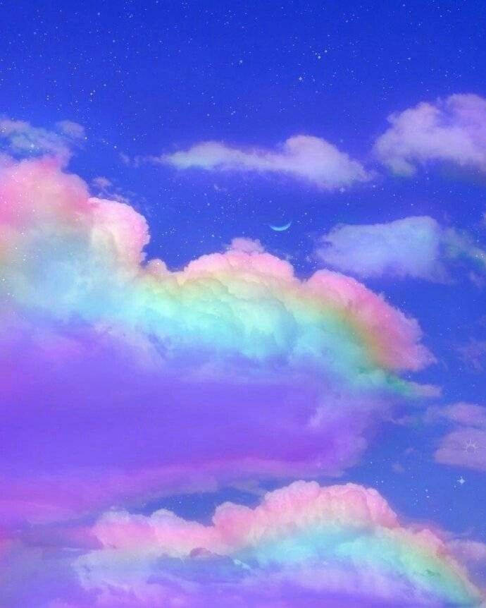 rainbow clouds, starry deep blue sky, crescent moon, SD Phone Wallpaper