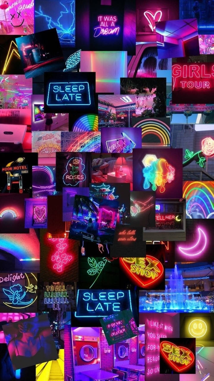 neon sign collage, pink purple and blue hues, sleep late, HD Phone Wallpaper