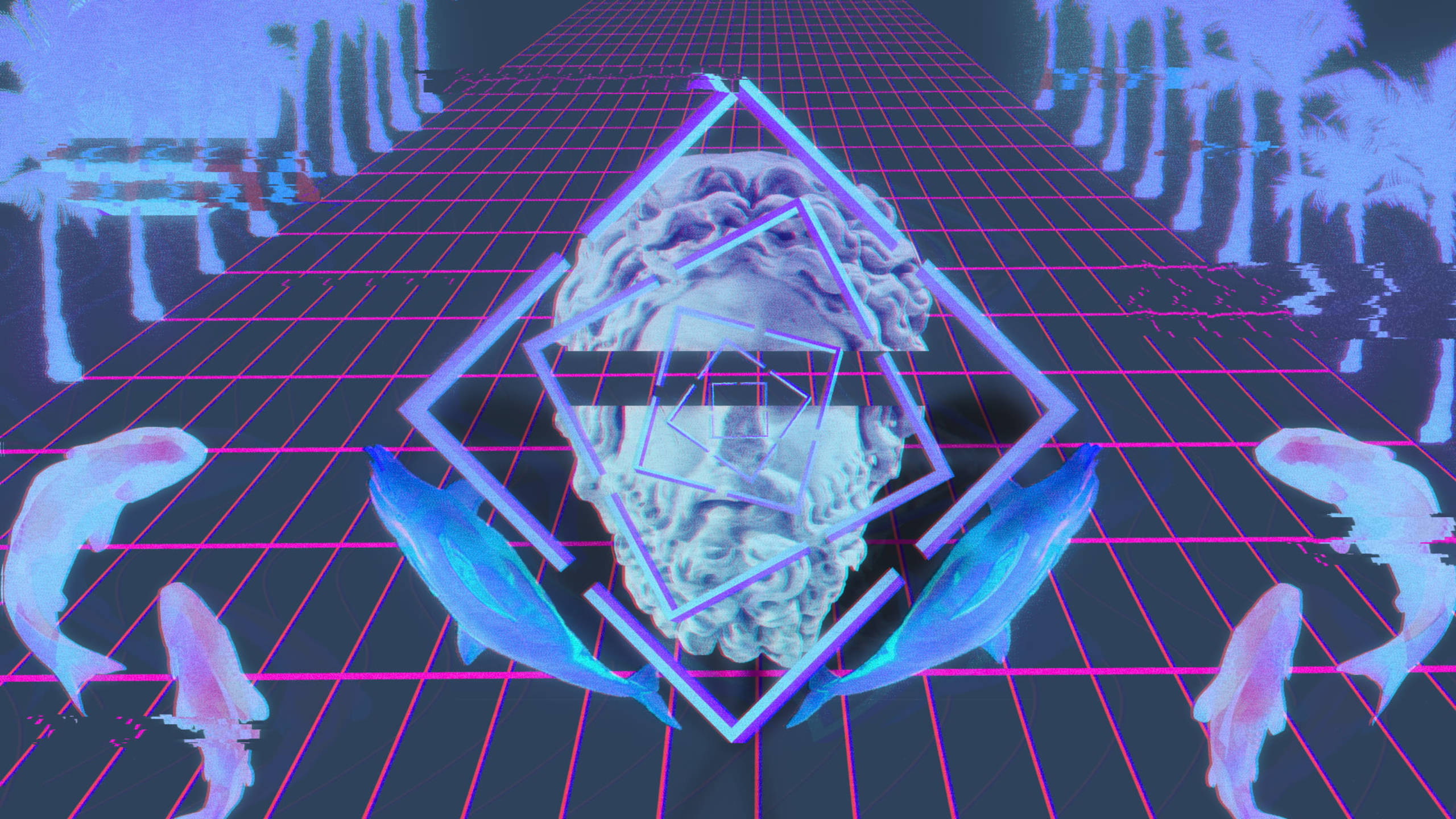 neon grid floor, classical marble head, geometric shapes, 2K Desktop Wallpaper
