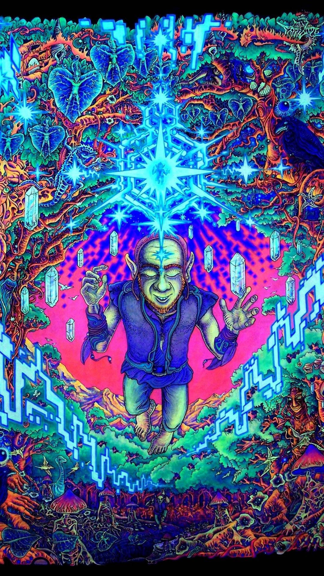 Psychedelic iPhone, Big Elf Man, glowing blue starburst, Full HD Phone Wallpaper