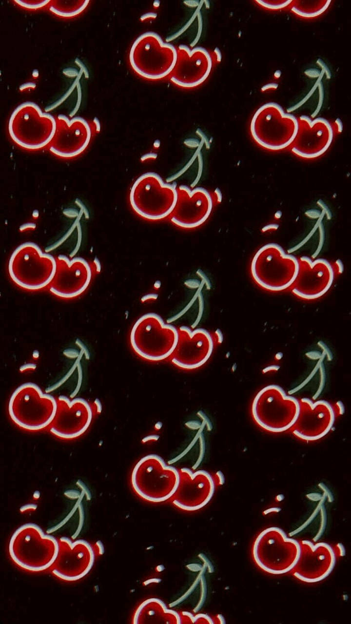 neon red cherries, green stems, dark speckled background, HD Phone Wallpaper