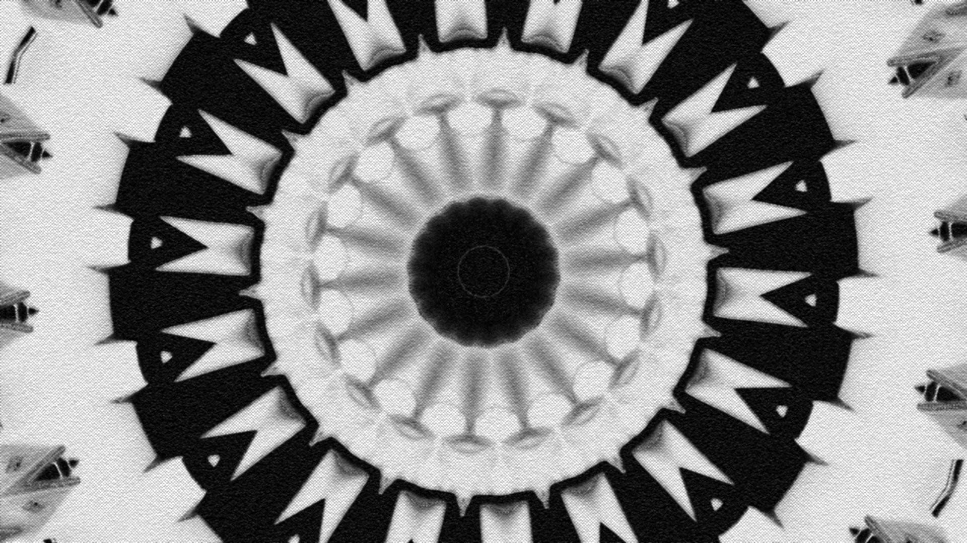 black trippy artwork, monochrome kaleidoscopic pattern, central dark circle, Full HD Desktop Wallpaper