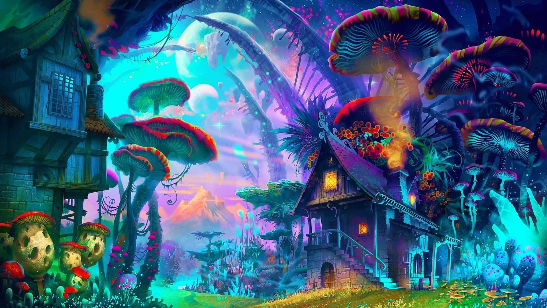 whimsical fantasy house, giant glowing mushrooms, surreal twilight sky, Full HD Desktop Wallpaper
