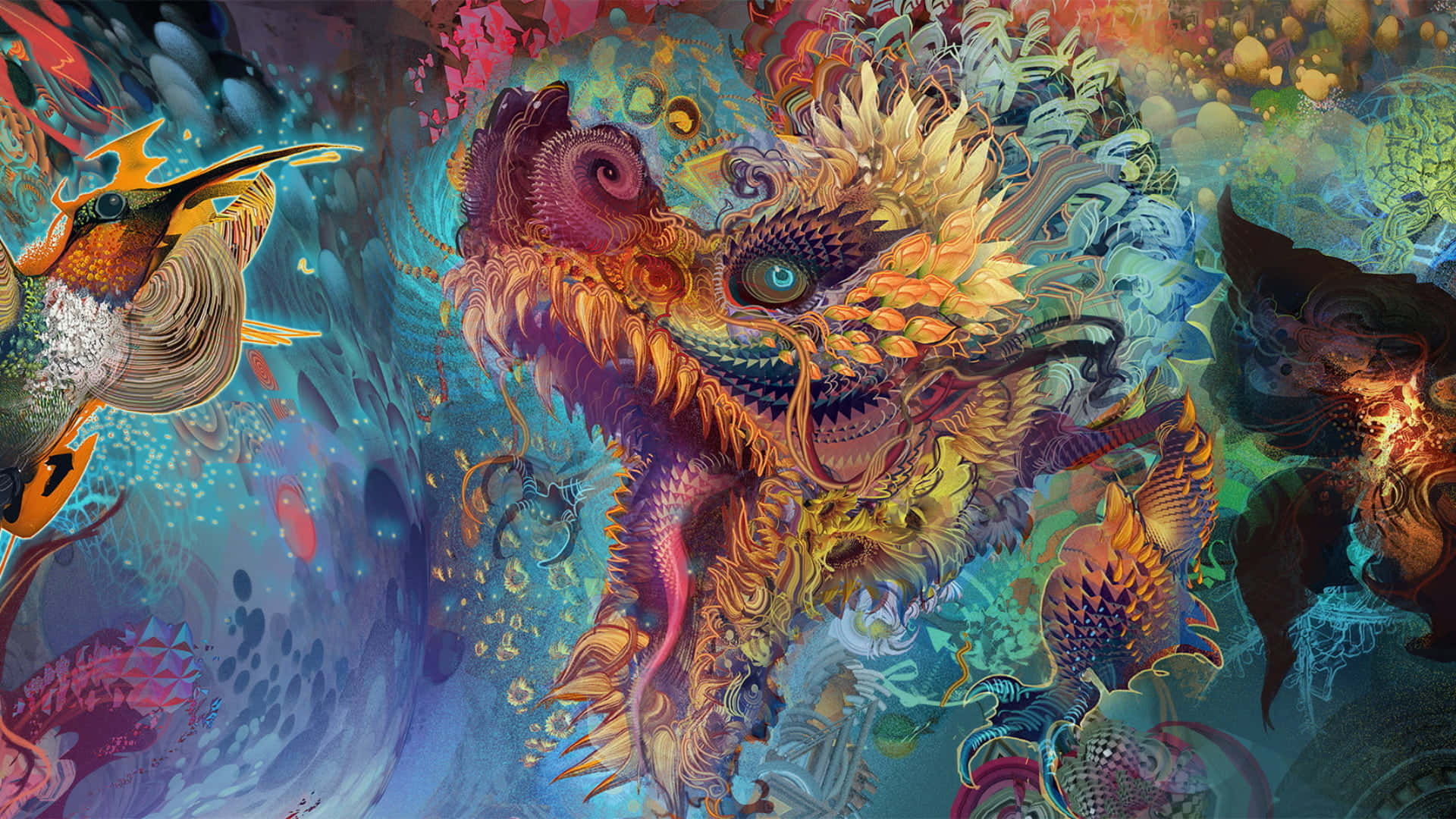 Trippy Art, surreal journey into the psychedelic dimension, fantastical dragon, Full HD Desktop Wallpaper