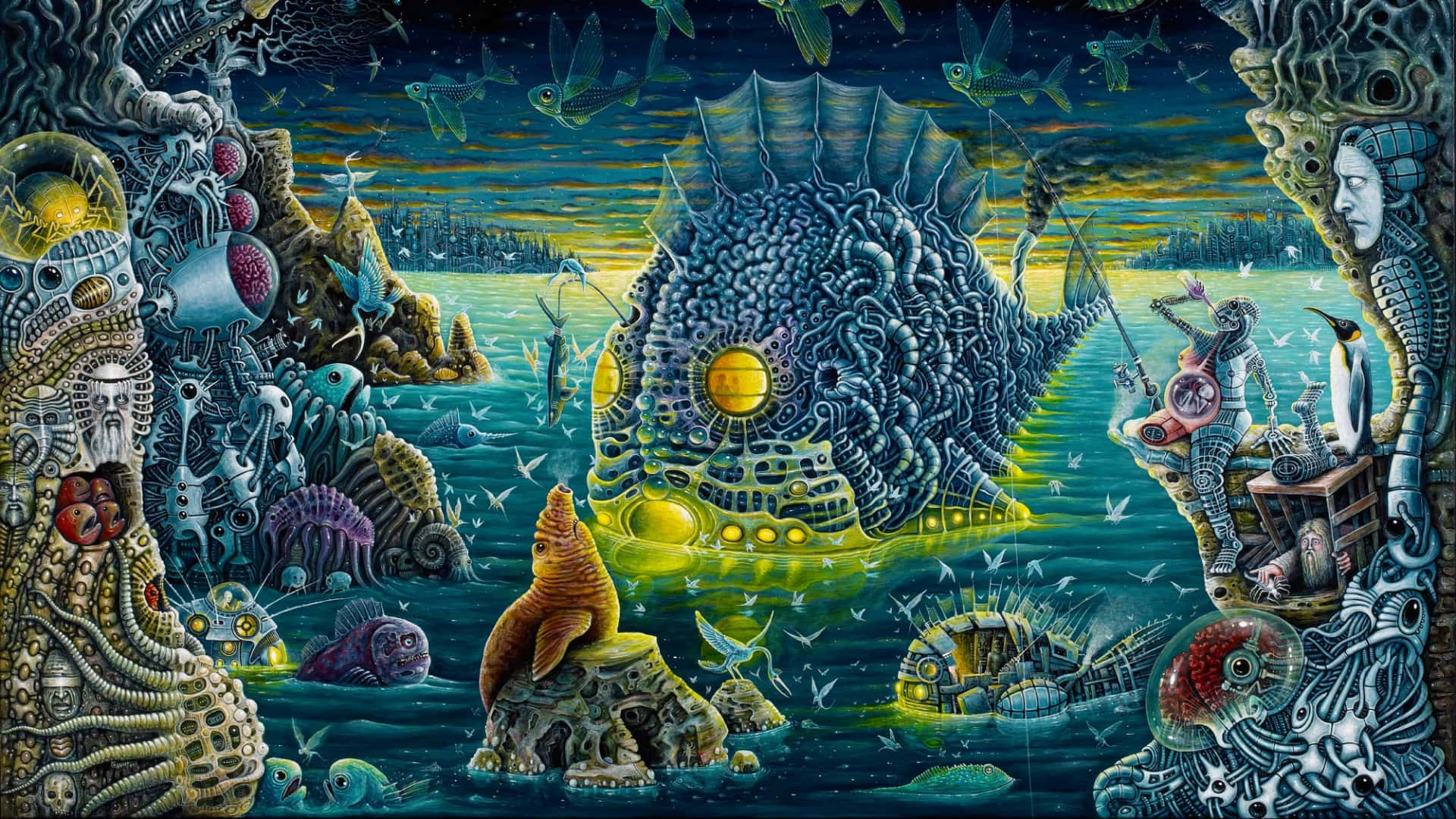 Trippy Animals, surreal underwater fantasy scene, giant mechanical fish, Full HD Desktop Wallpaper