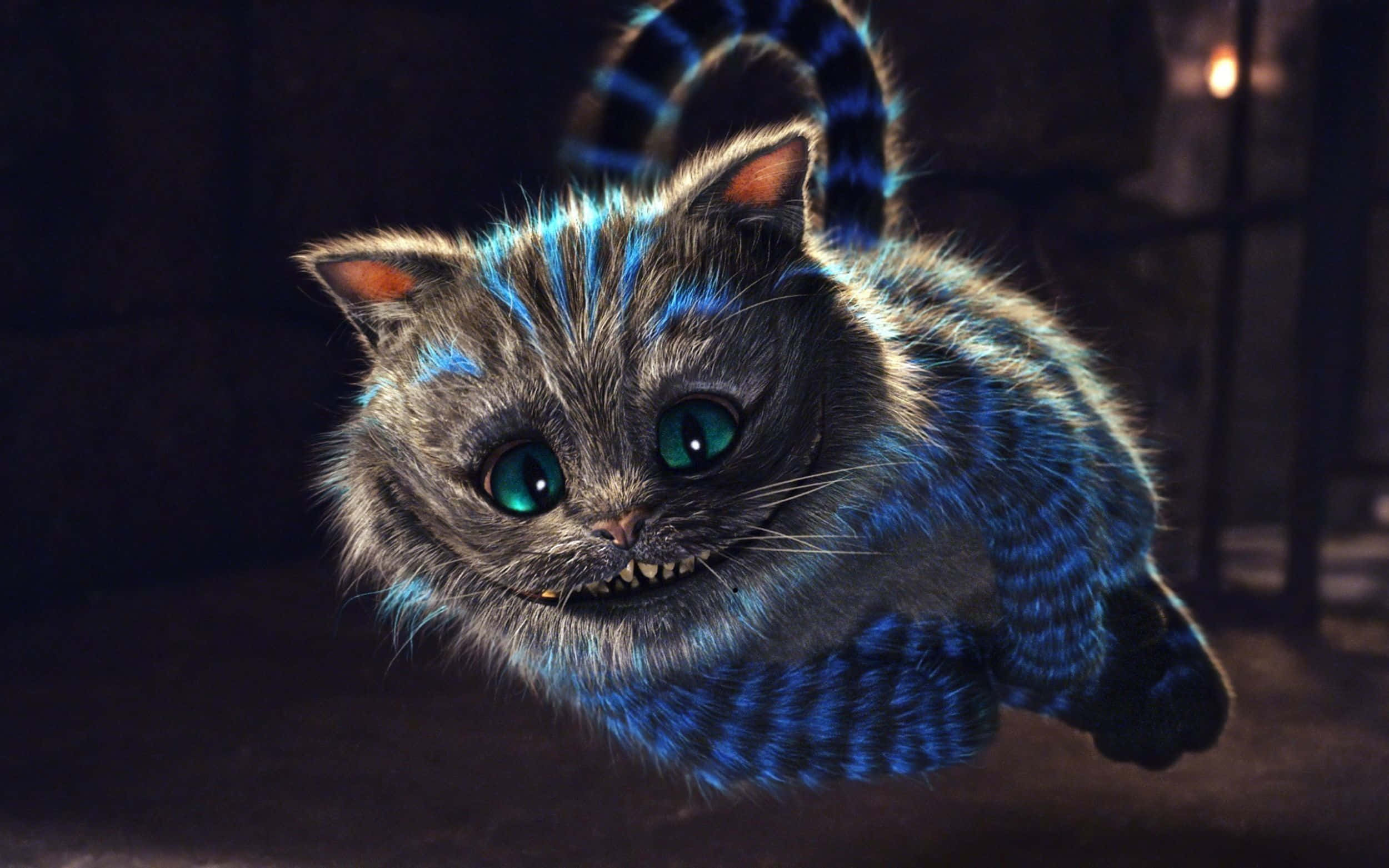 Trippy Animals, blue-striped cat, glowing green eyes, Full HD Desktop Wallpaper
