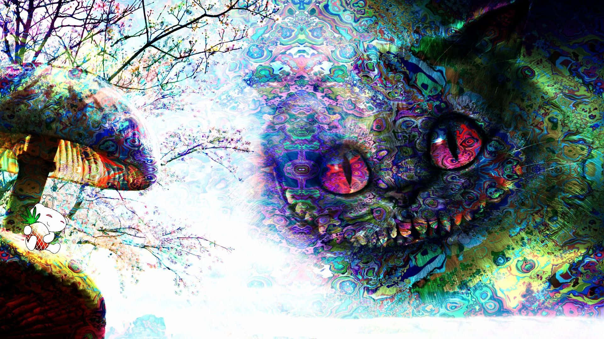 psychedelic cat face, glowing eyes, surreal forest scene, Full HD Desktop Wallpaper