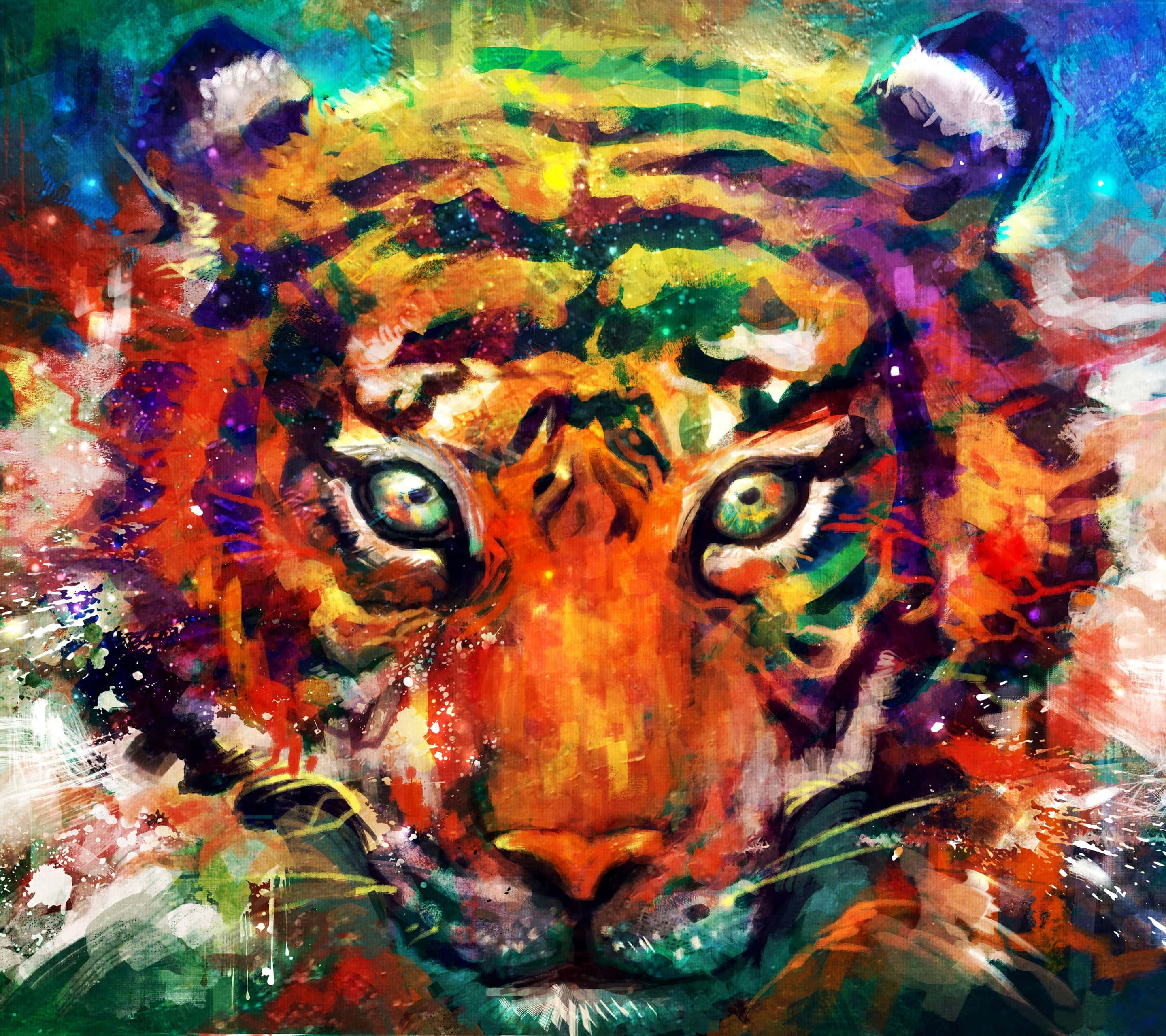 Trippy Animals, tiger, swirling rainbow colors, 2K Desktop Wallpaper