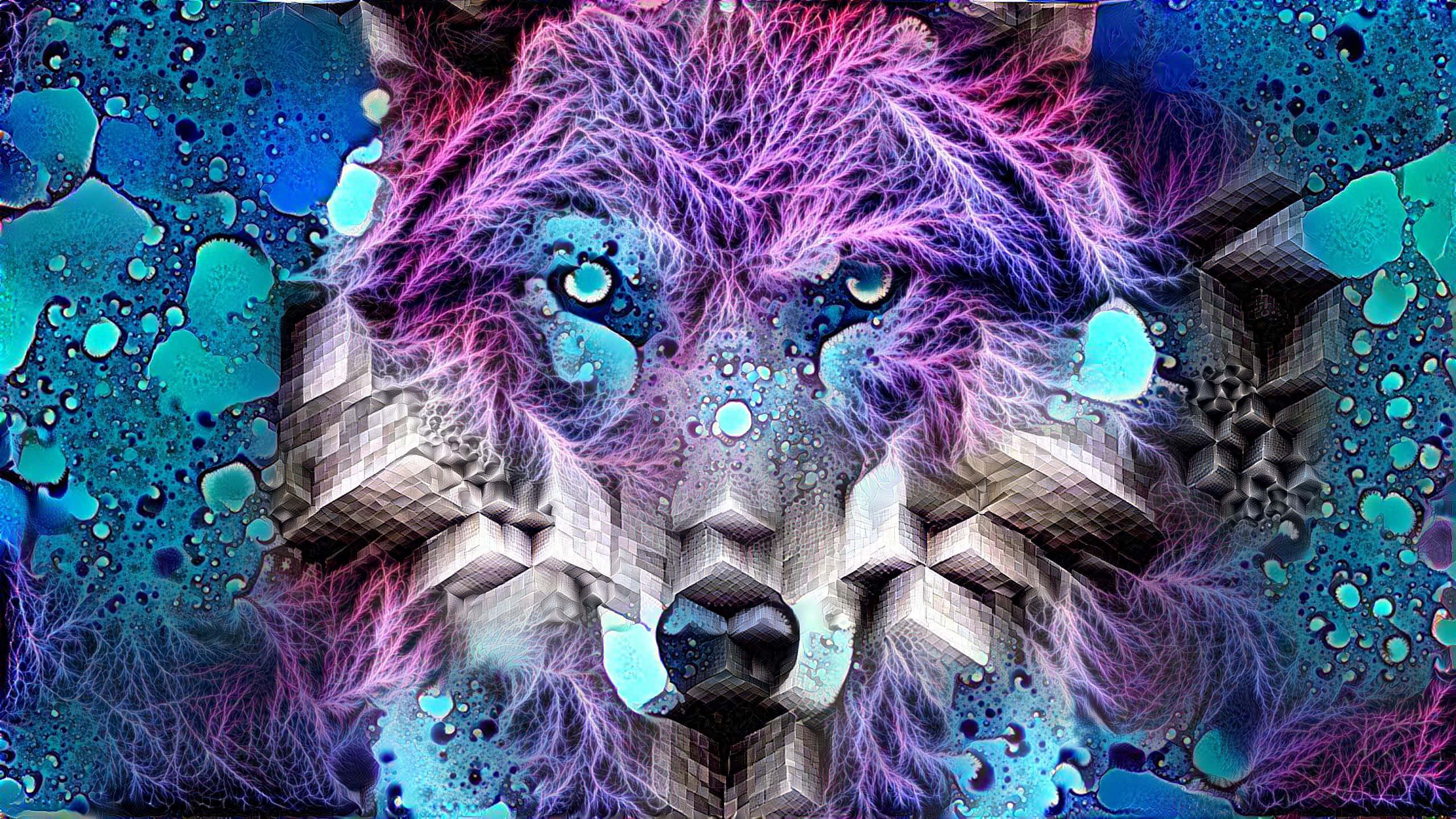 cybernetic wolf head, glowing eyes, fractal purple energy, 2K Desktop Wallpaper