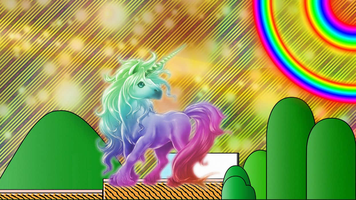 rainbow unicorn, striped platform, glowing golden sky, SD Desktop Wallpaper