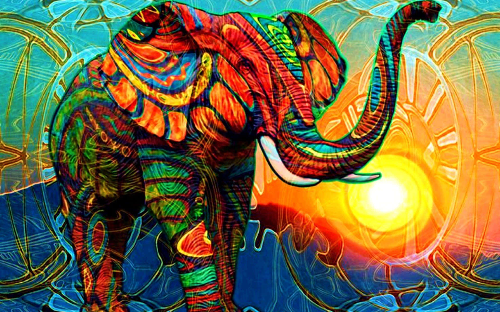 psychedelic elephant, swirling red green and blue patterns, radiant sun, Full HD Desktop Wallpaper