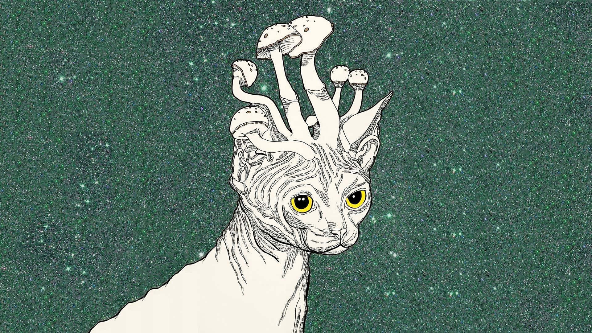 sphinx cat, mushrooms growing from its head, glittering teal starfield, Full HD Desktop Wallpaper