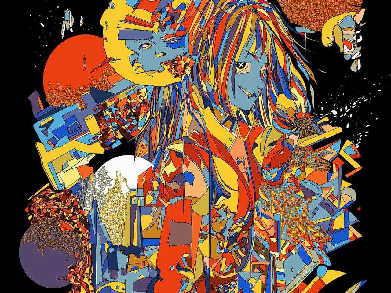 Psychedelic Anime Art Explosion, blue-faced figure, flowing hair, HD Desktop Wallpaper