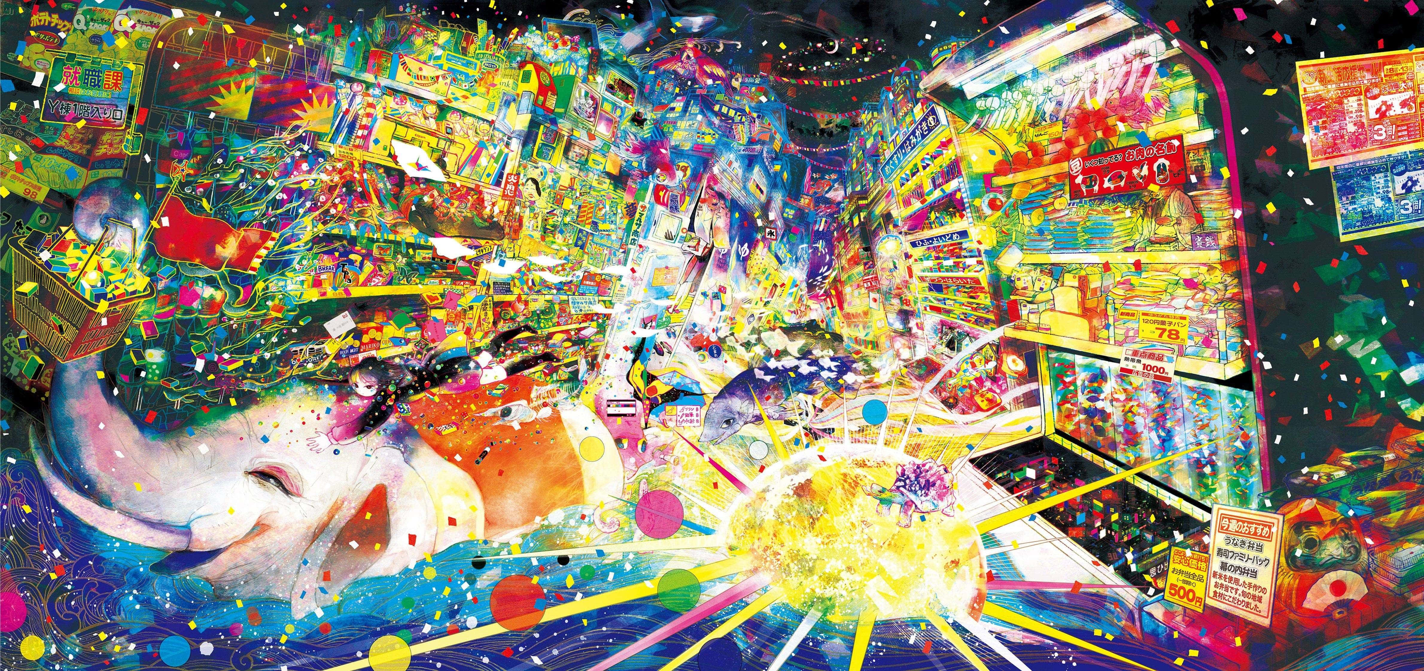 psychedelic anime cityscape, arcade games, neon lights, 4K Desktop Wallpaper
