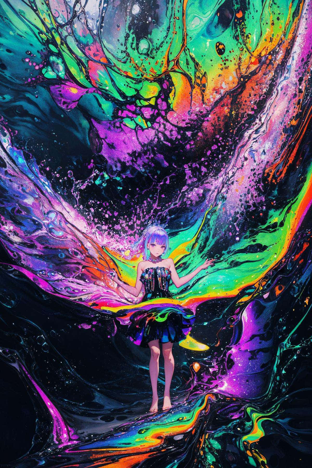 purple-haired anime girl, swirling rainbow liquid floor, cosmic paint explosion, HD Phone Wallpaper