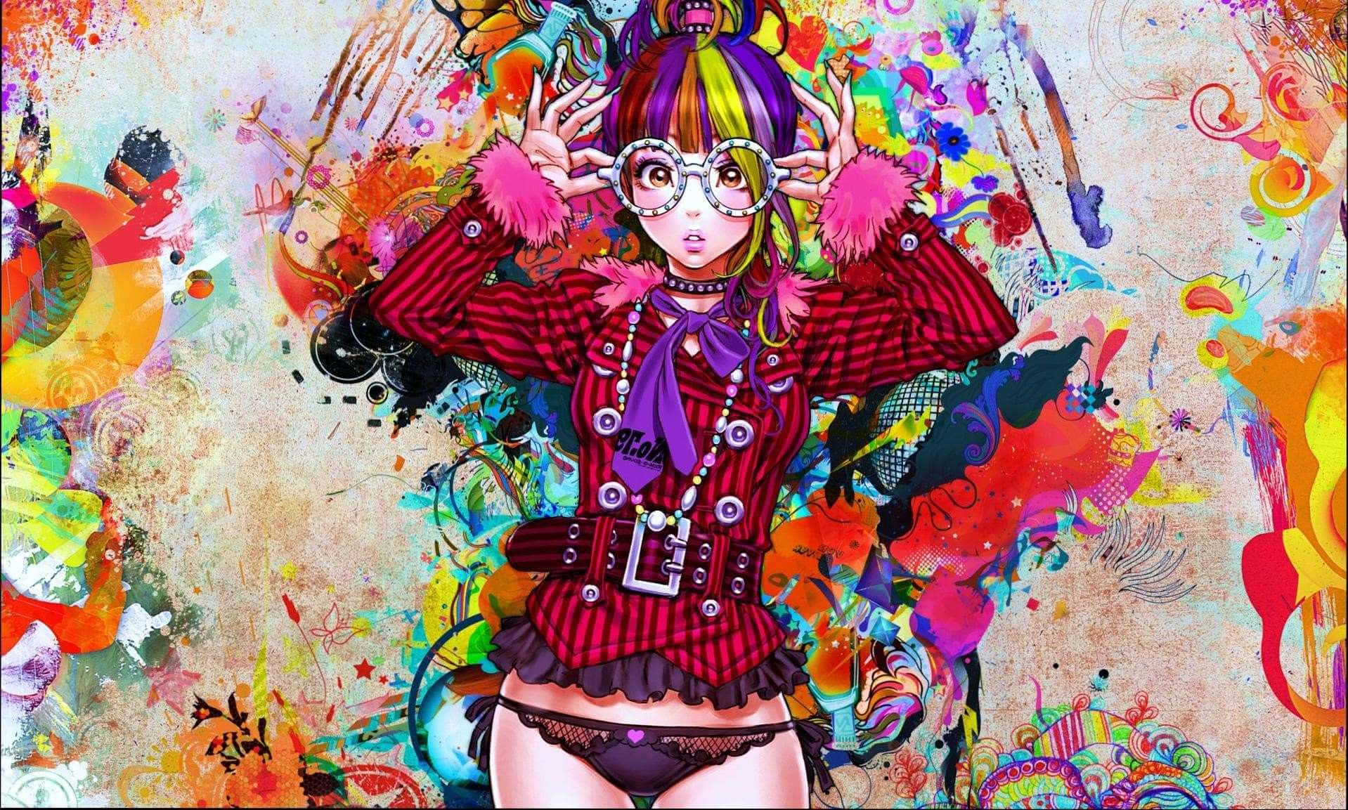 anime girl, rainbow hair, oversized glasses, HD Desktop Wallpaper