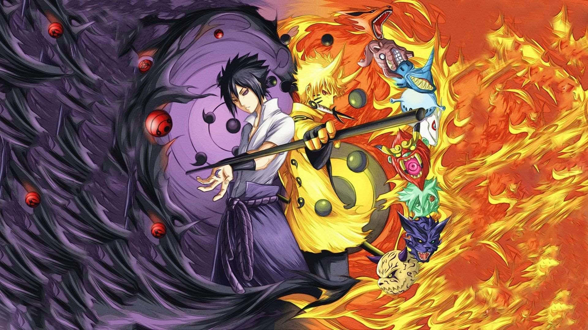 Anime battle of elements, chakra beasts, glowing orbs, Full HD Desktop Wallpaper