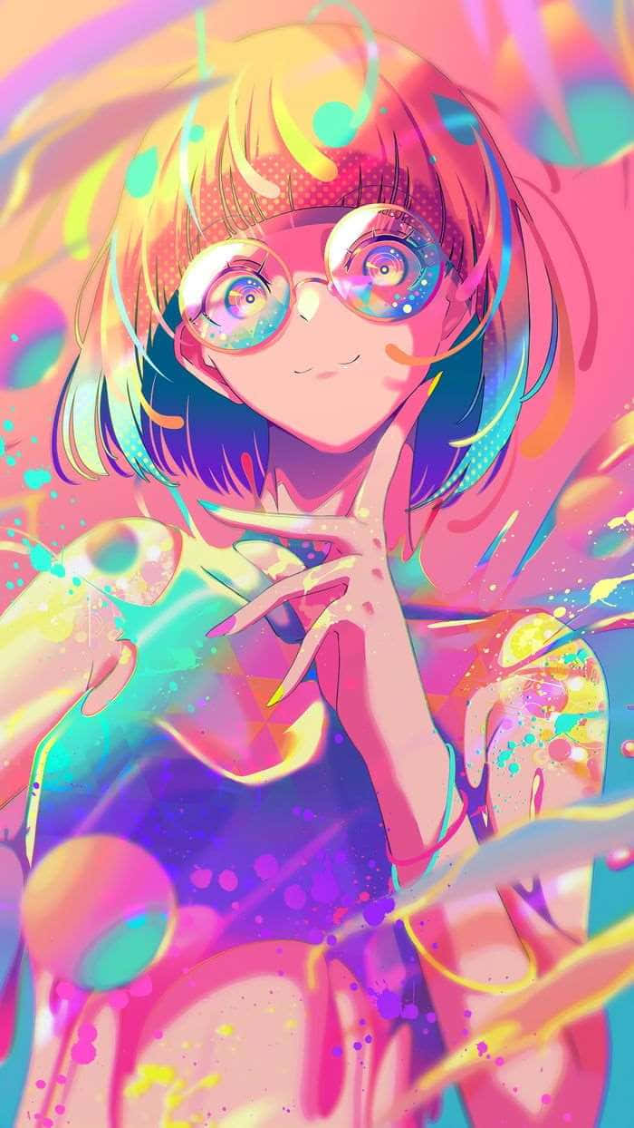 psychedelic anime girl, rainbow hair, glasses, SD Phone Wallpaper
