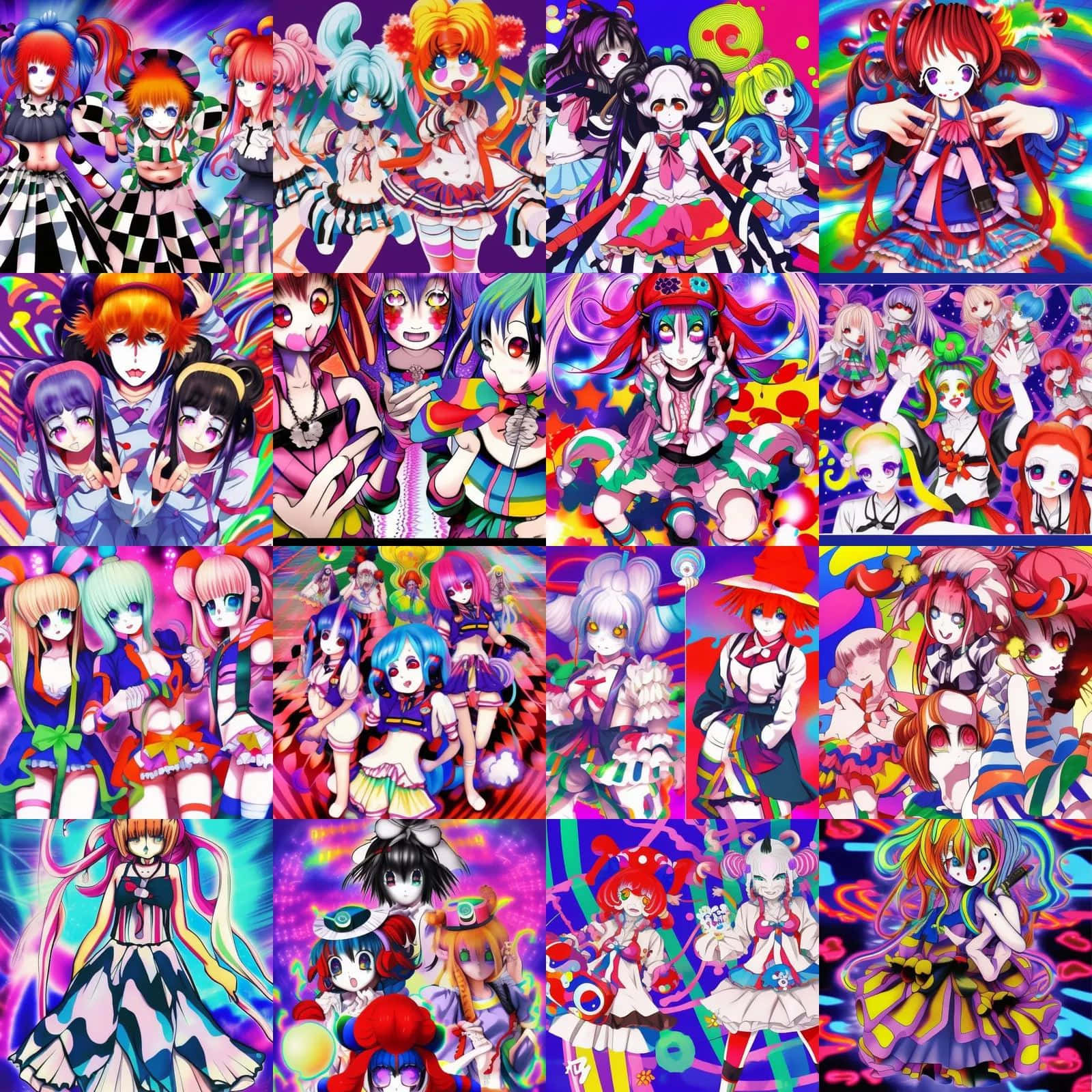 Vibrant Anime Collage Trippy Backdrop, psychedelic backgrounds, colorful outfits, HD Desktop Wallpaper