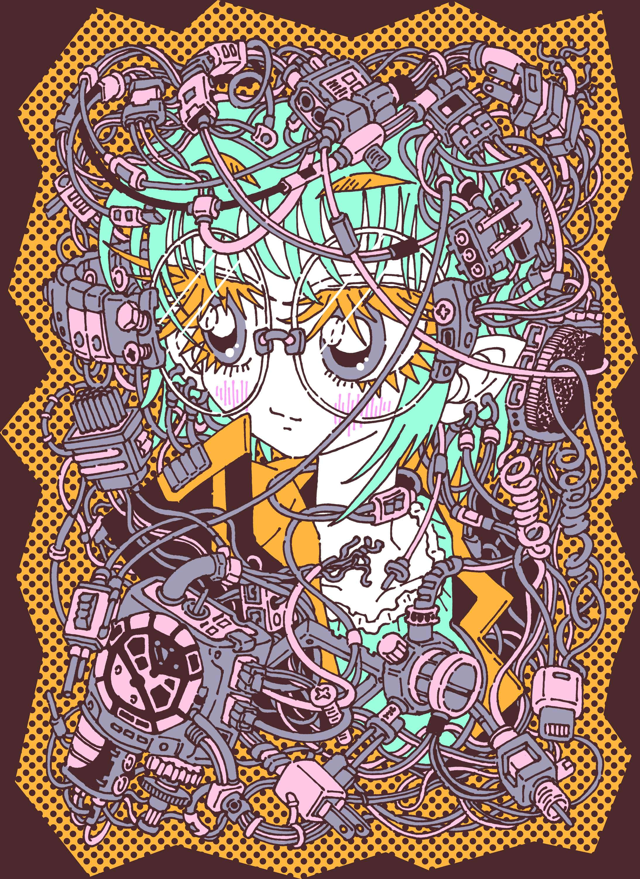 teal hair, glasses, pink and gray wires, 2K Phone Wallpaper