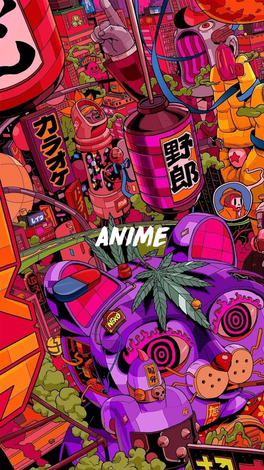 Vibrant anime-style cityscape, neon signs, surreal purple vehicles, Full HD Phone Wallpaper