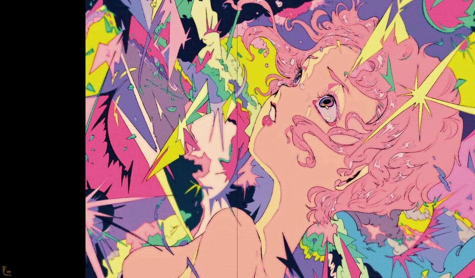 psychedelic anime explosion, pink-haired figure, glowing eyes, HD Desktop Wallpaper