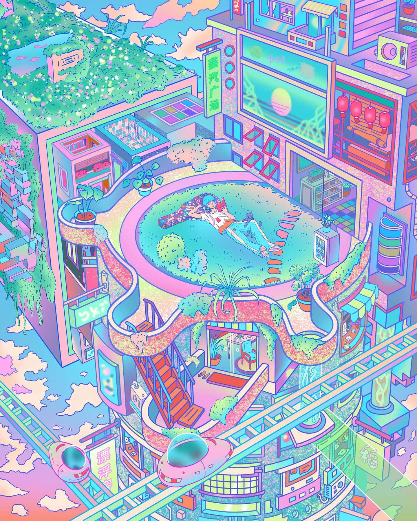 Psychedelic Anime Cityscape, neon pink, neon blue, HD Phone Wallpaper