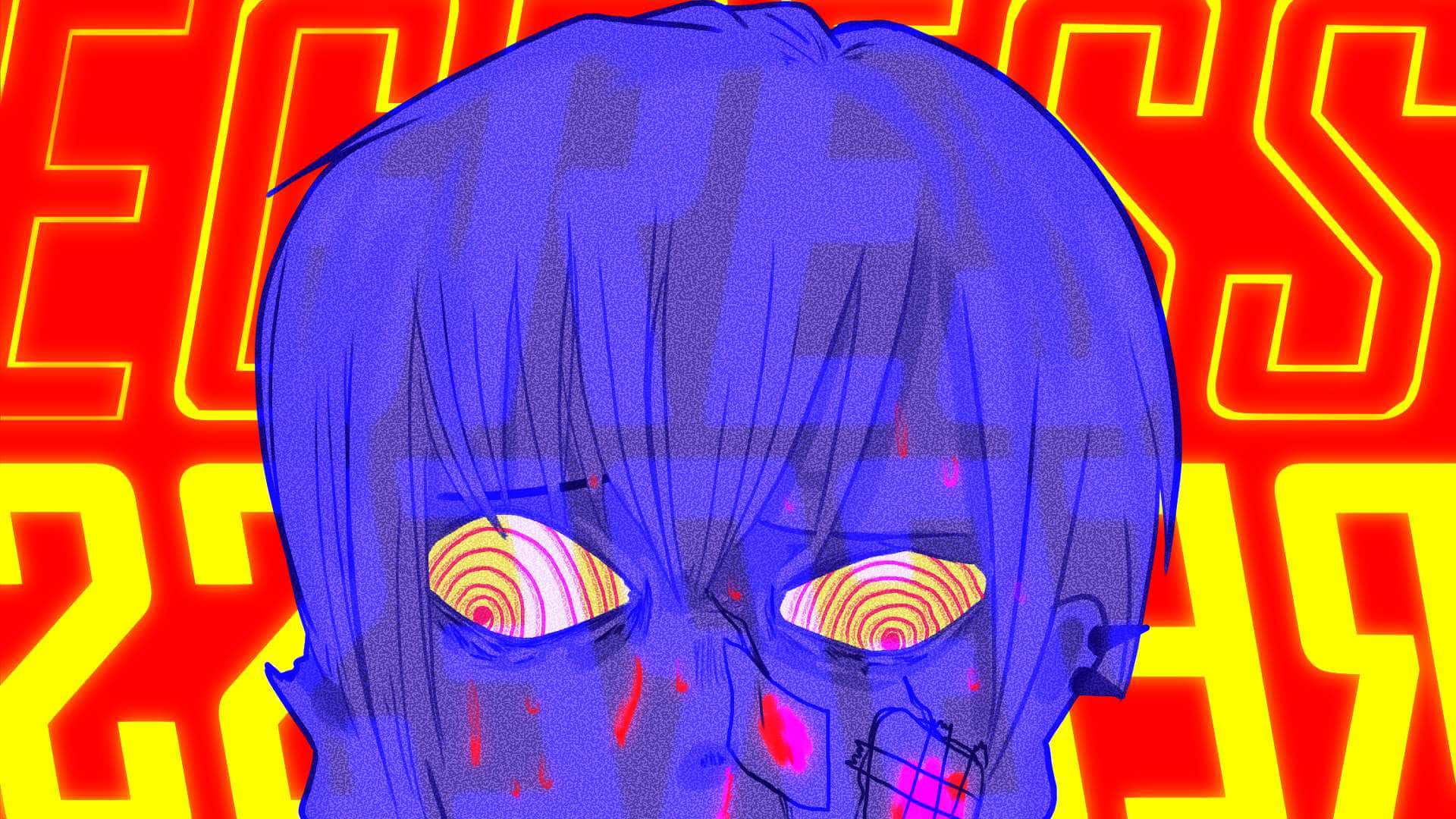 blue-haired anime character, hypnotic spiral eyes, fiery red and yellow neon text background, Full HD Desktop Wallpaper