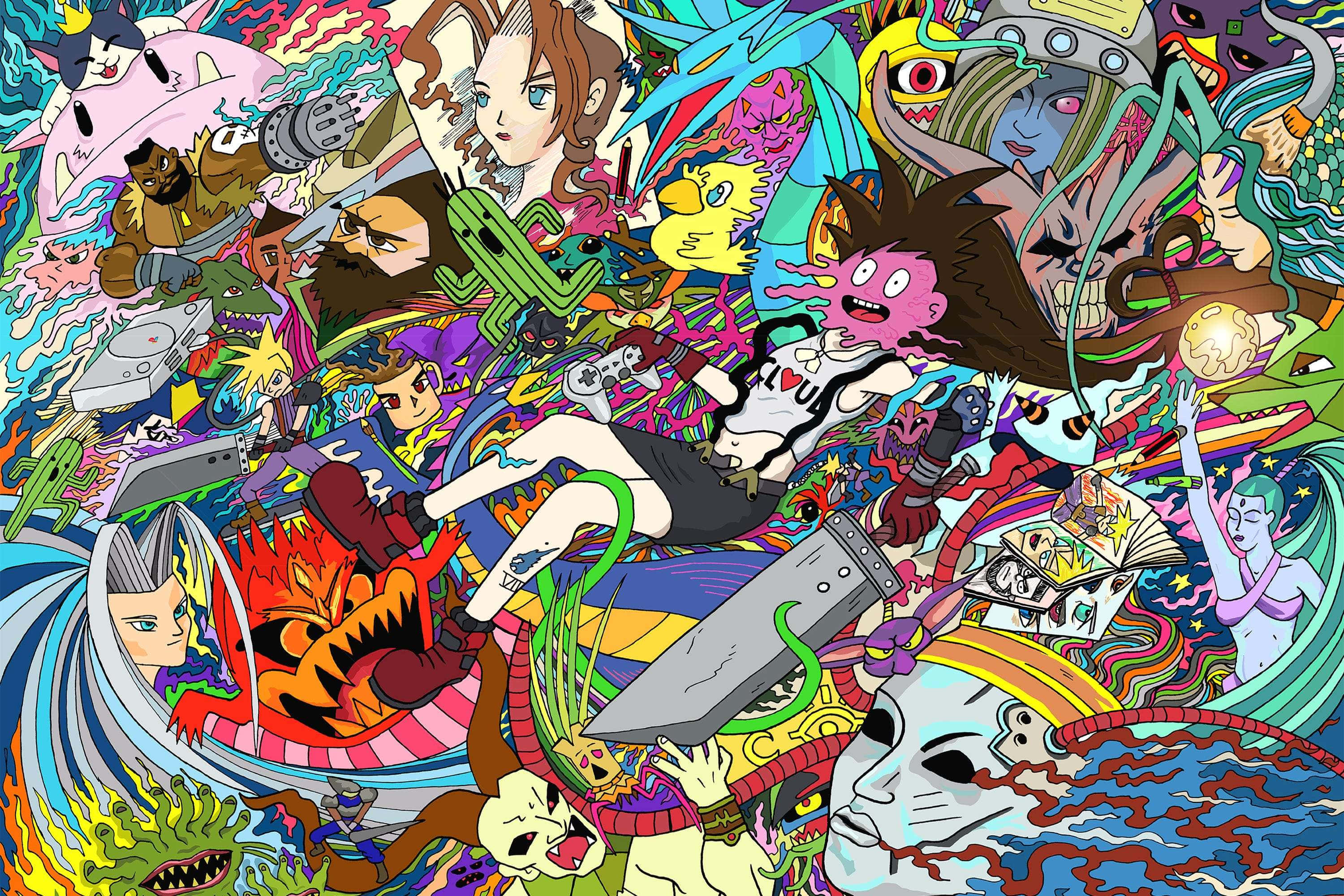 Vibrant Anime Collage Trip, neon colors, chaotic vibrant collage, 2K Desktop Wallpaper