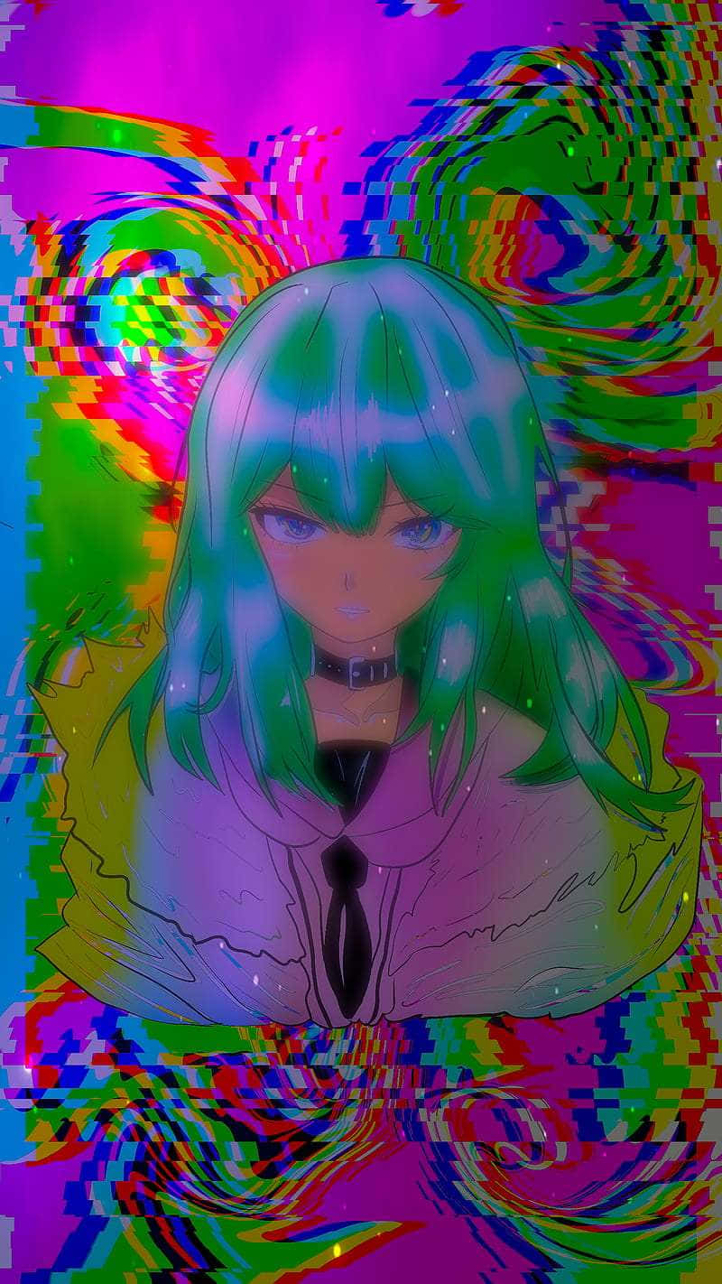 glitch art, anime girl, green hair, HD Phone Wallpaper