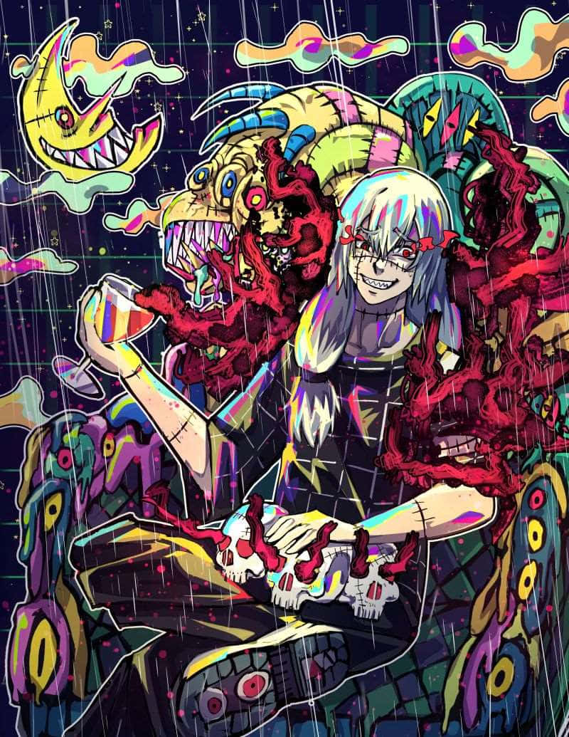 psychedelic anime chaos, white hair, red eyes, SD Phone Wallpaper