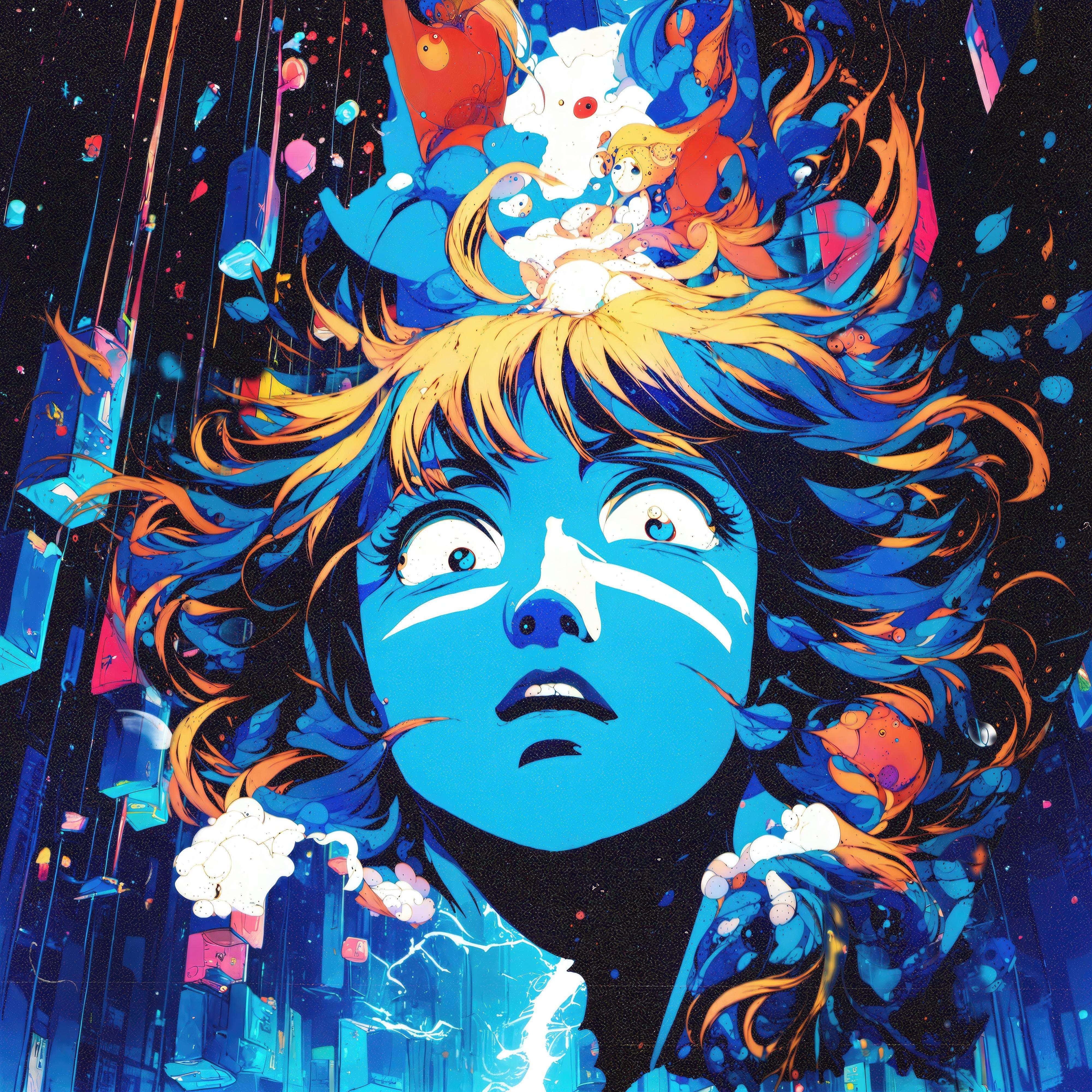 blue-skinned anime girl, wild orange hair, colorful cartoon characters, 4K Desktop Wallpaper