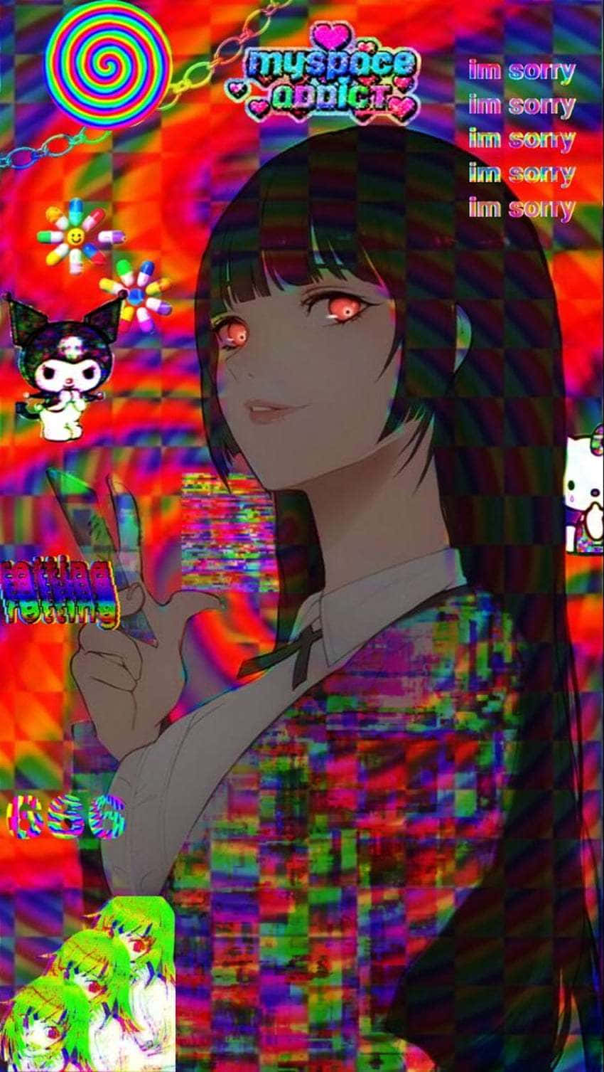 anime girl, glowing red eyes, glitchy rainbow patterns, HD Phone Wallpaper