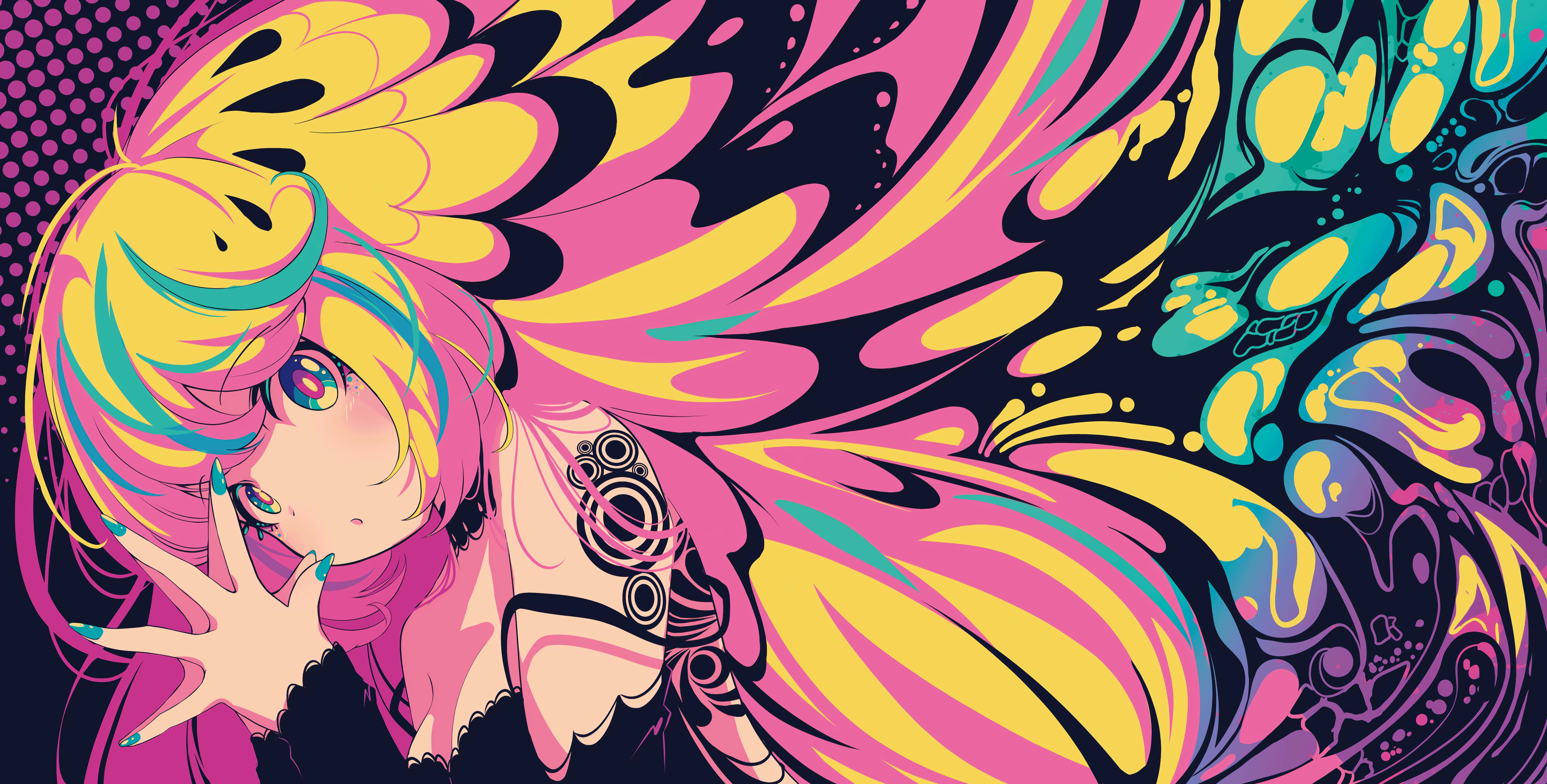 psychedelic anime girl, rainbow hair, swirling psychedelic patterns, 8K Desktop Wallpaper