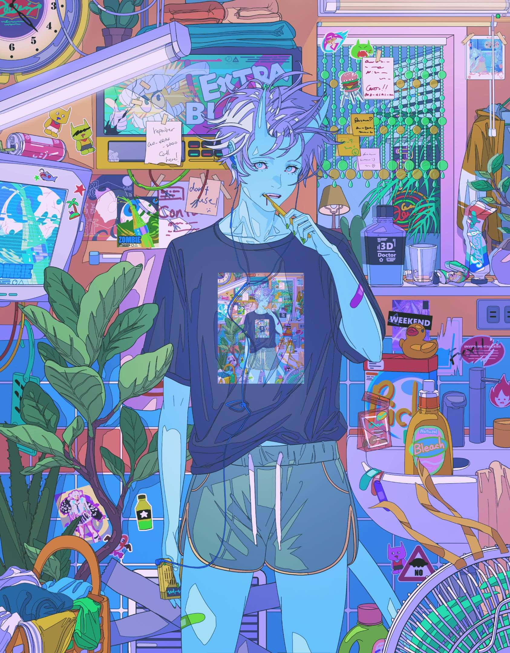 blue-skinned anime character, spiky hair, cluttered colorful bedroom, Full HD Phone Wallpaper
