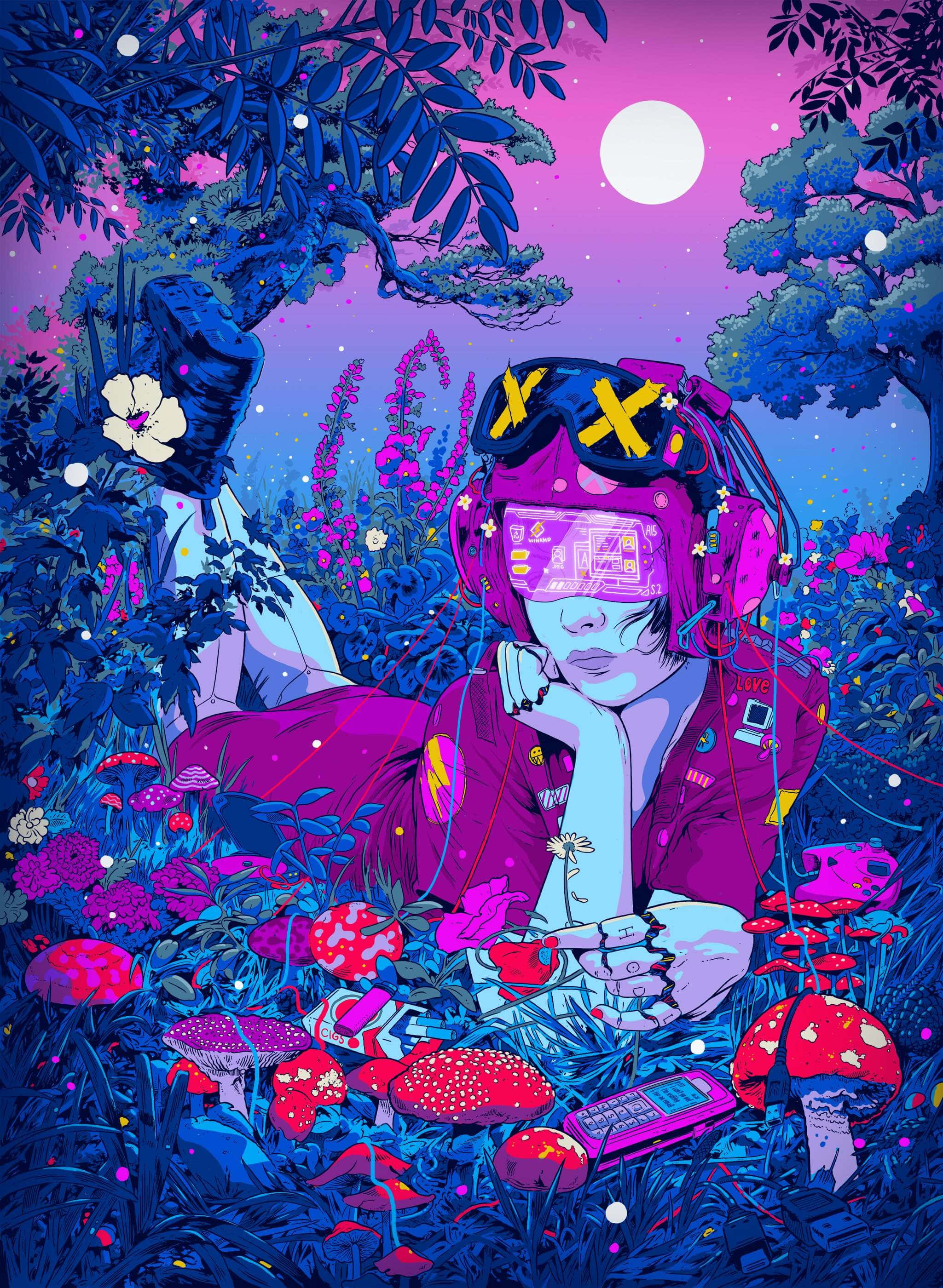 neon forest, glowing moon, glowing mushrooms, 2K Phone Wallpaper