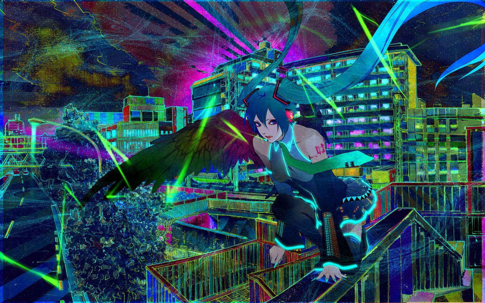 cyberpunk anime girl, wings, neon-lit cityscape, Full HD Desktop Wallpaper