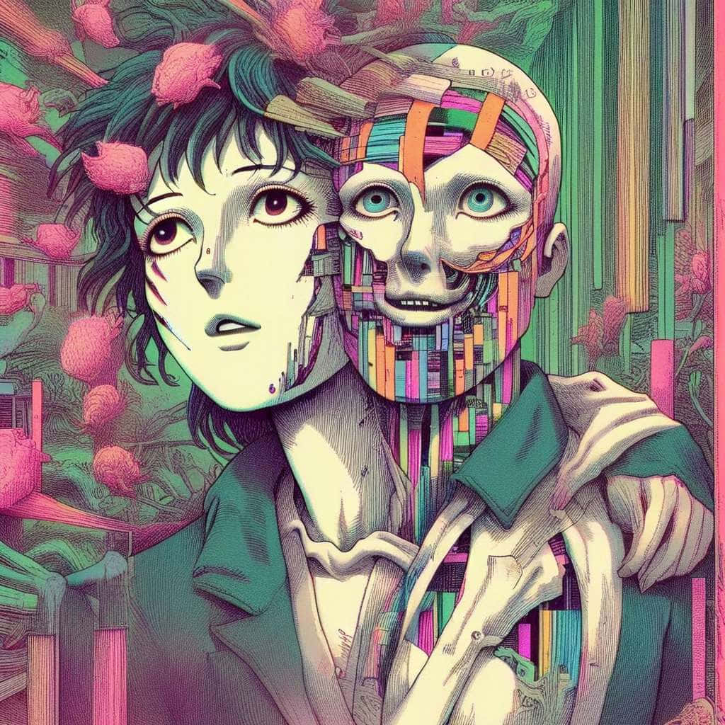 Psychedelic Dual Faces Anime Art, surreal anime-style portrait, half their face replaced by a colorful pixelated digital mask, SD Desktop Wallpaper