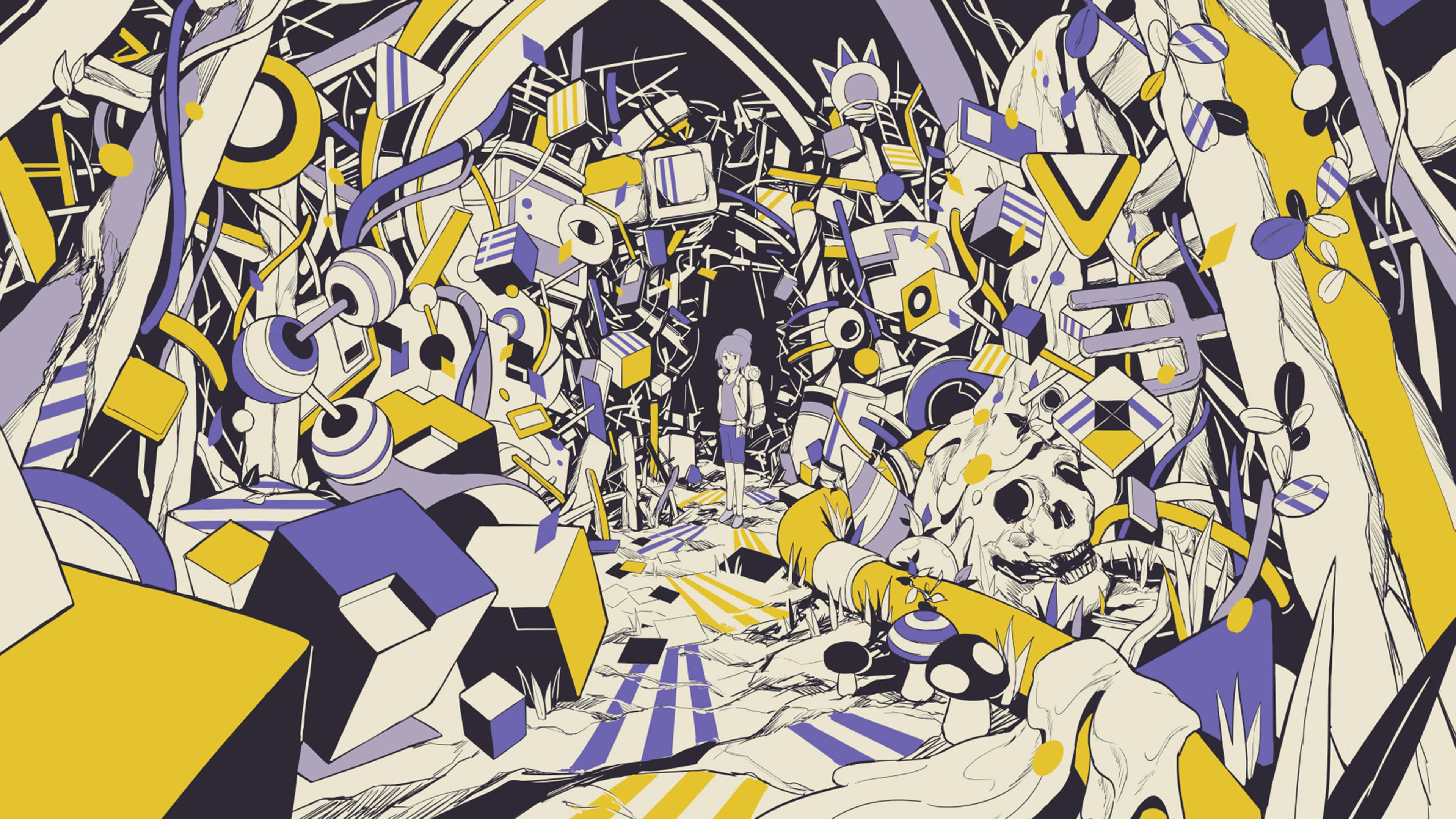 abstract anime chaos, surreal tunnel, chaotic geometric shapes, 4K Desktop Wallpaper