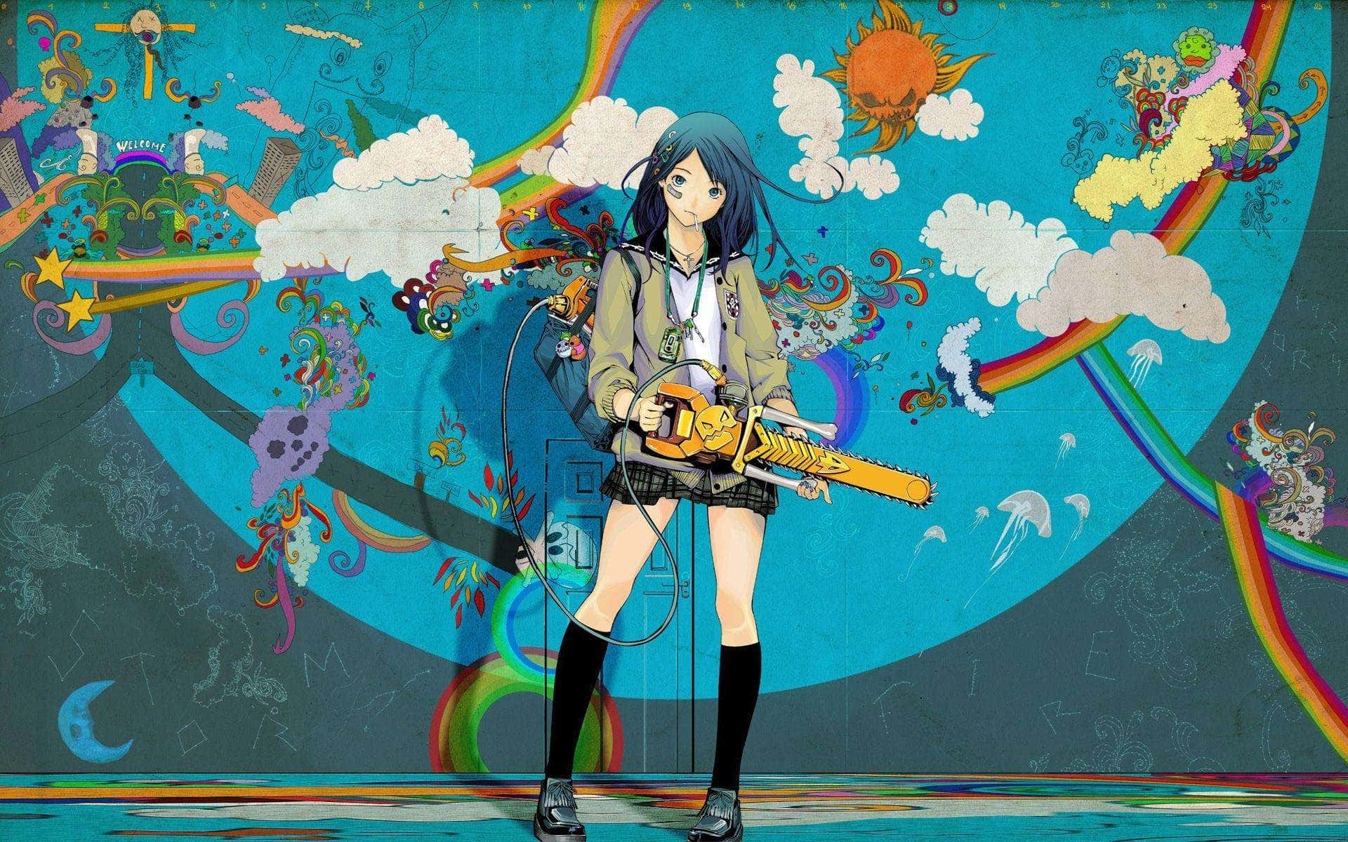 Anime girl, dark hair, chainsaw, Full HD Desktop Wallpaper