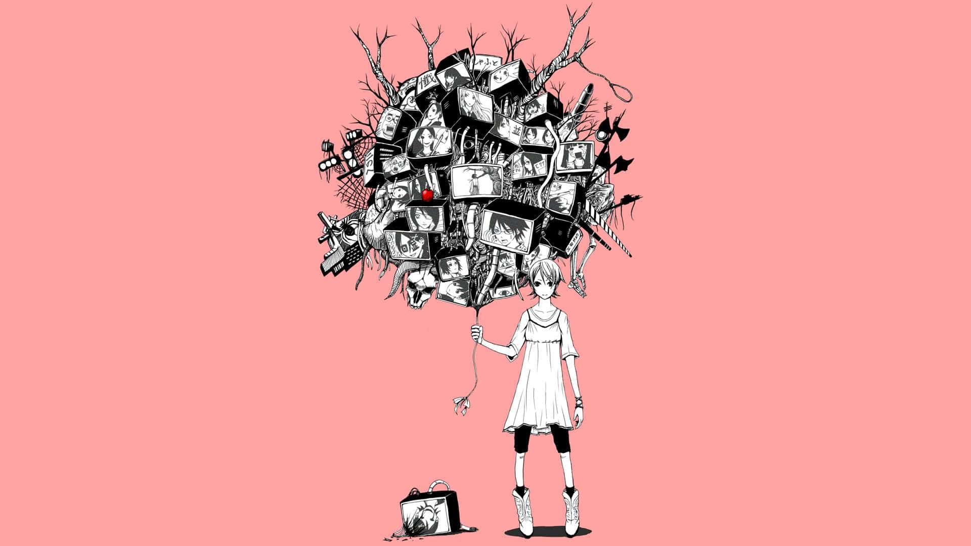 Surreal Anime Balloonof Memories, white dress, chaotic black and white balloon, Full HD Desktop Wallpaper